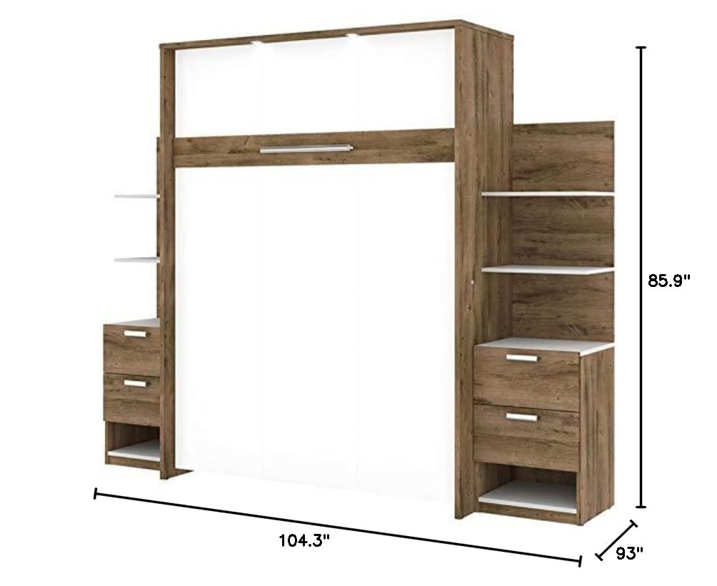 Modern Wood Queen Murphy Bed with Nightstands - Rustic Brown & White Finish - Space-Saving Wall Bed for Small Apartments, Guest Rooms & Home Offices