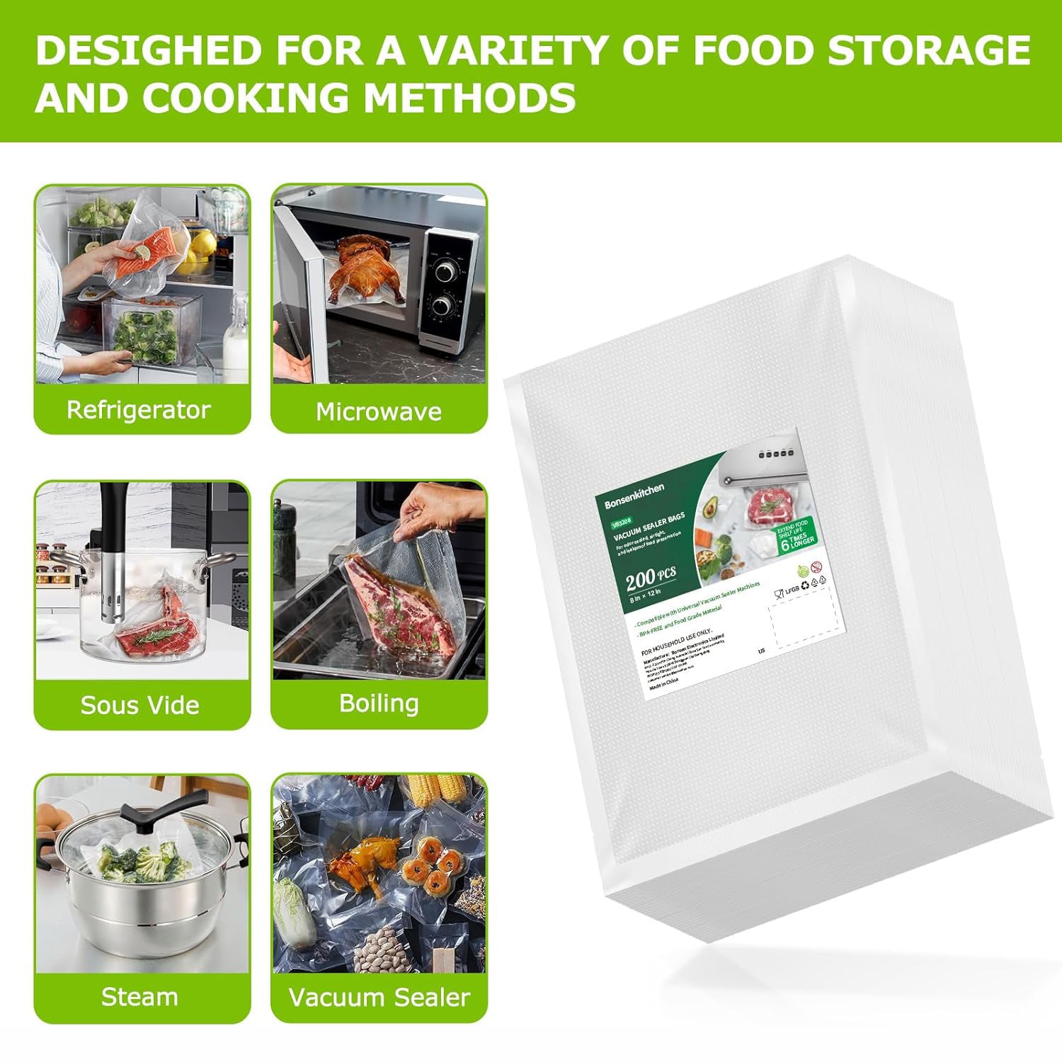 Bonsenkitchen 200 Quart Vacuum Sealer Bags (8