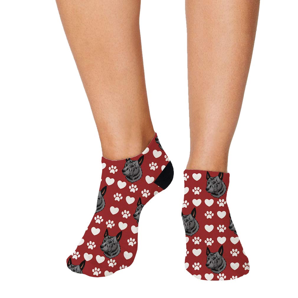 Dutch Shepherd Dog Red Paw Heart Pattern Ankle Socks for Men & Women - 3 Pairs Novelty Crew Socks (Polyester Blend) - Perfect for Dog Lovers, Casual Wear, Gifts & Themed Outfits