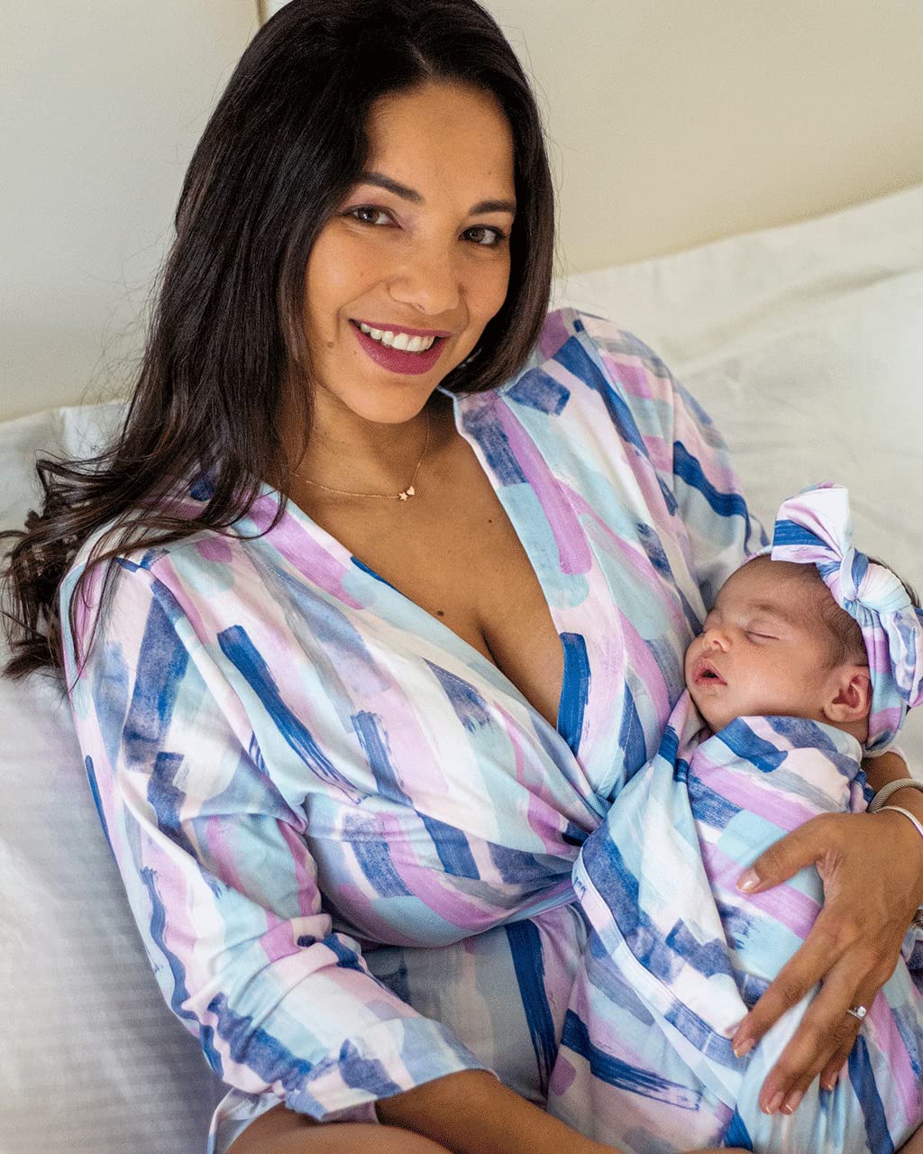 MOMMY O CLOCK Maternity Robe & Baby Swaddle Blanket Set - Soft Milk Silk Nursing Robe for Mom & Swaddling Wrap for Newborn - Perfect for Hospital Delivery, Breastfeeding & Baby Bonding Time