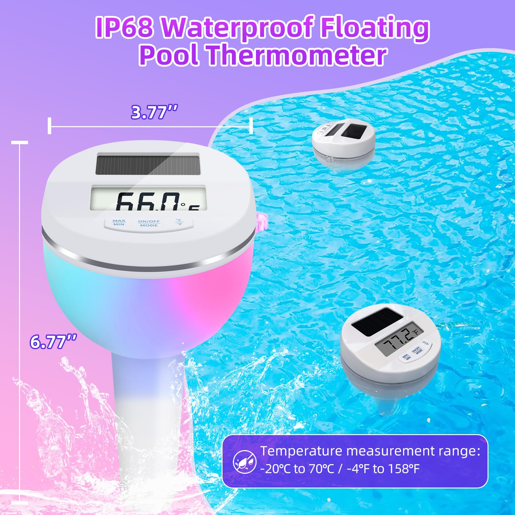 Solar Pool Thermometer with RGB Lights - Large LCD Backlit Display, IP68 Waterproof Floating Digital Thermometer for Swimming Pools, Hot Tubs & Spas - Easy to Read Temperature Gauge for Nighttime Use and Water Temperature Monitoring