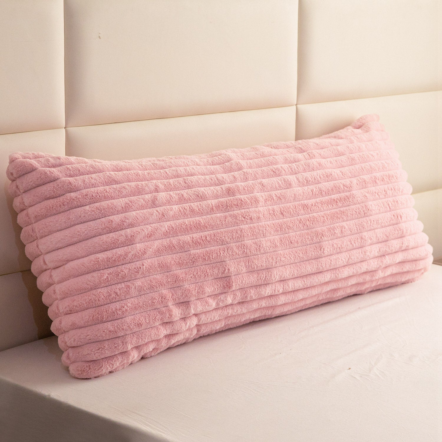 MAXYOYO Ultra Soft Striped Faux Fur Body Pillow - 20x54 Inch Long Hugging Pillow for Adults, Pink - Perfect for Side Sleepers, Pregnancy Support & Couch Lounging