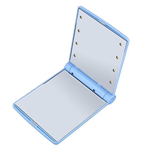 Portable LED Makeup Mirror with 8 Adjustable Lights - Compact Folding Cosmetic Mirror for Women, Travel & Home Use - Blue