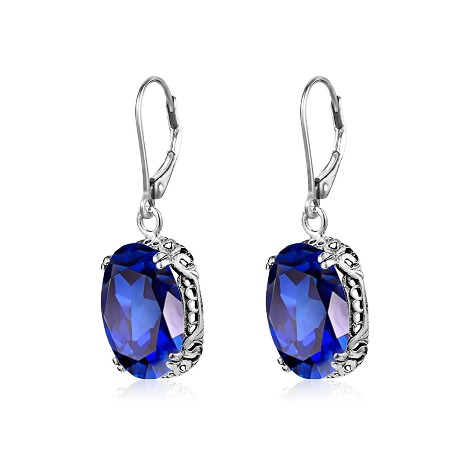 Vintage Sapphire Drop Earrings for Women - 925 Sterling Silver Lever Back Oval Earrings - Elegant Anniversary & Party Jewelry - Trendy Luxury Gift (Gem Color: Blue, Metal Color: White Gold) - Perfect for Weddings, Date Nights & Special Occasions
