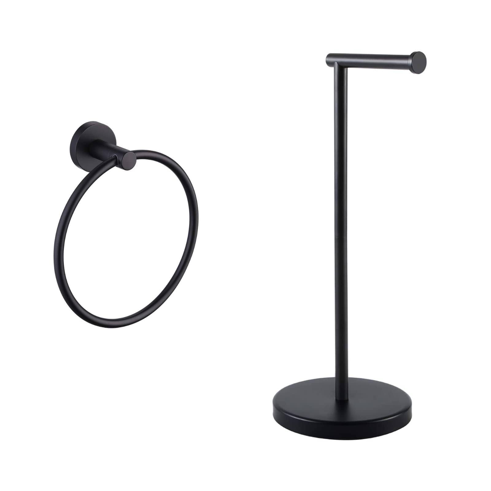 Stainless Steel Toilet Paper Holder & Towel Ring Set - Freestanding & Wall Mounted Bathroom Accessories, Matte Black (BPH283S1-BK+A2180-BK) | Durable SUS304 Steel for Modern Bathroom Decor | Perfect for Home, Hotel & Office Restrooms