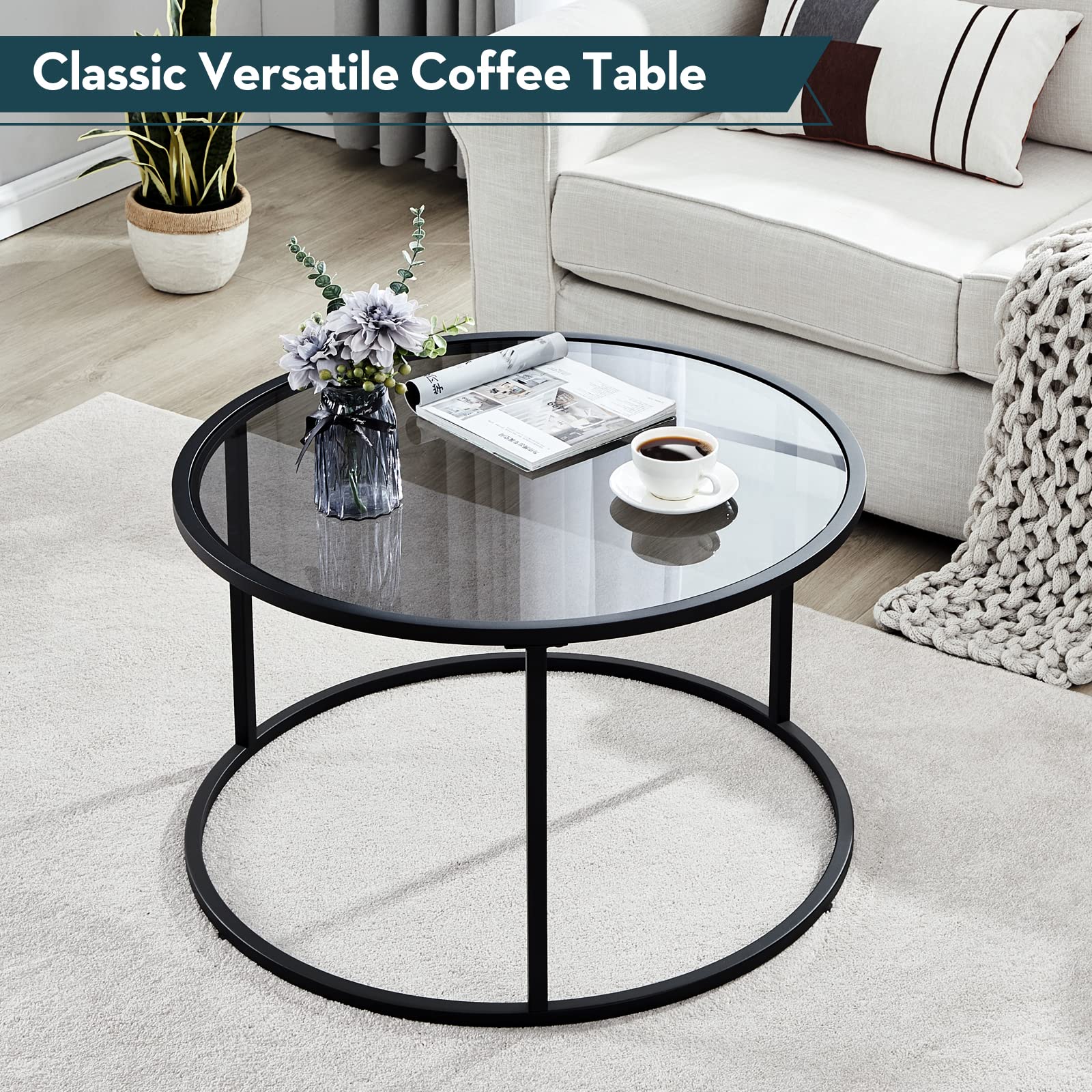 SAYGOER Modern Glass Coffee Table with Storage Shelf - Round Living Room Center Table for Small Spaces | Perfect for Apartments, Lounges & Home Decor