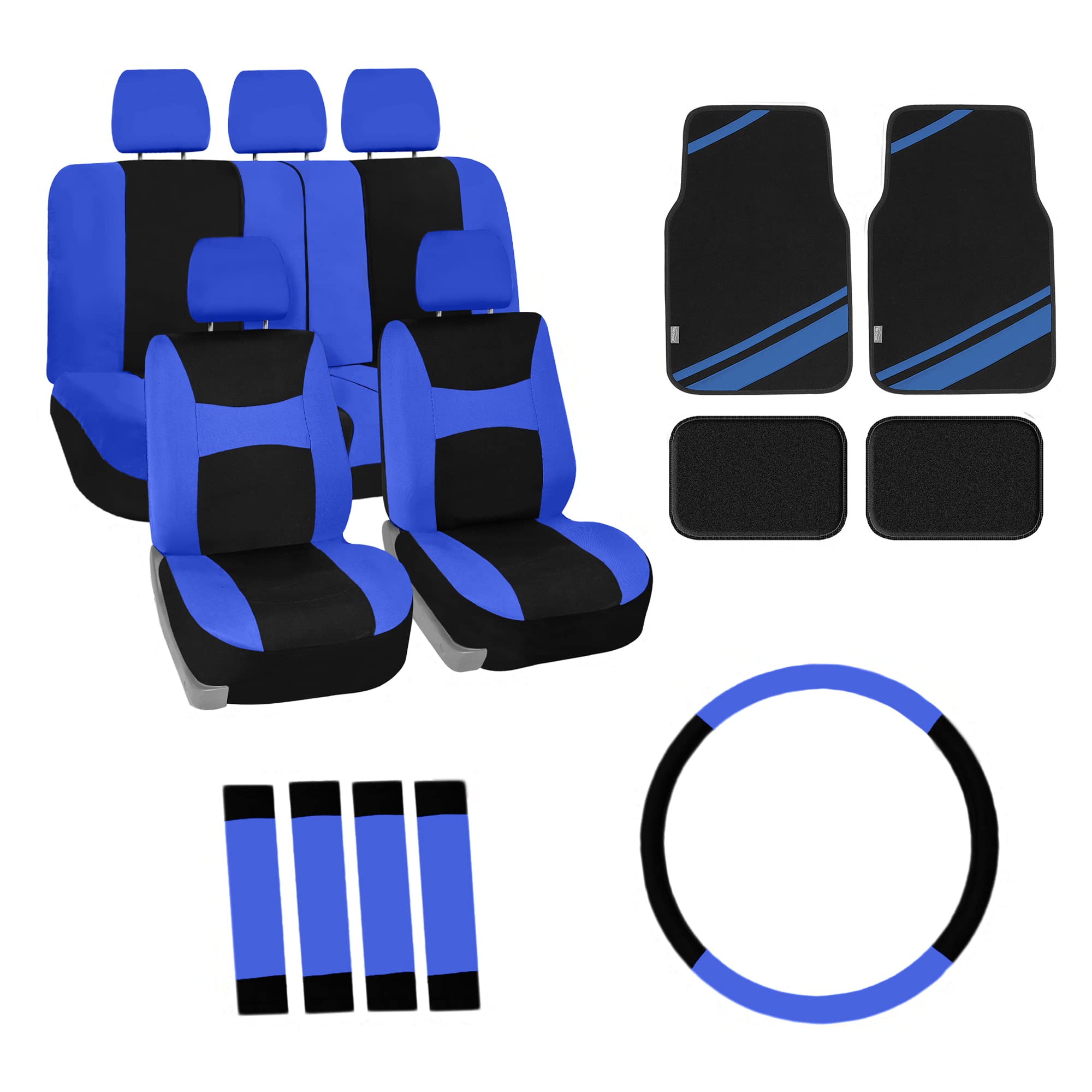 FH Group Light Breezy Blue Car Seat Covers Combo Set with Premium Floor Mats & Steering Wheel Cover - Universal Fit for Cars, Trucks, SUVs - Perfect for Summer Driving & Interior Protection
