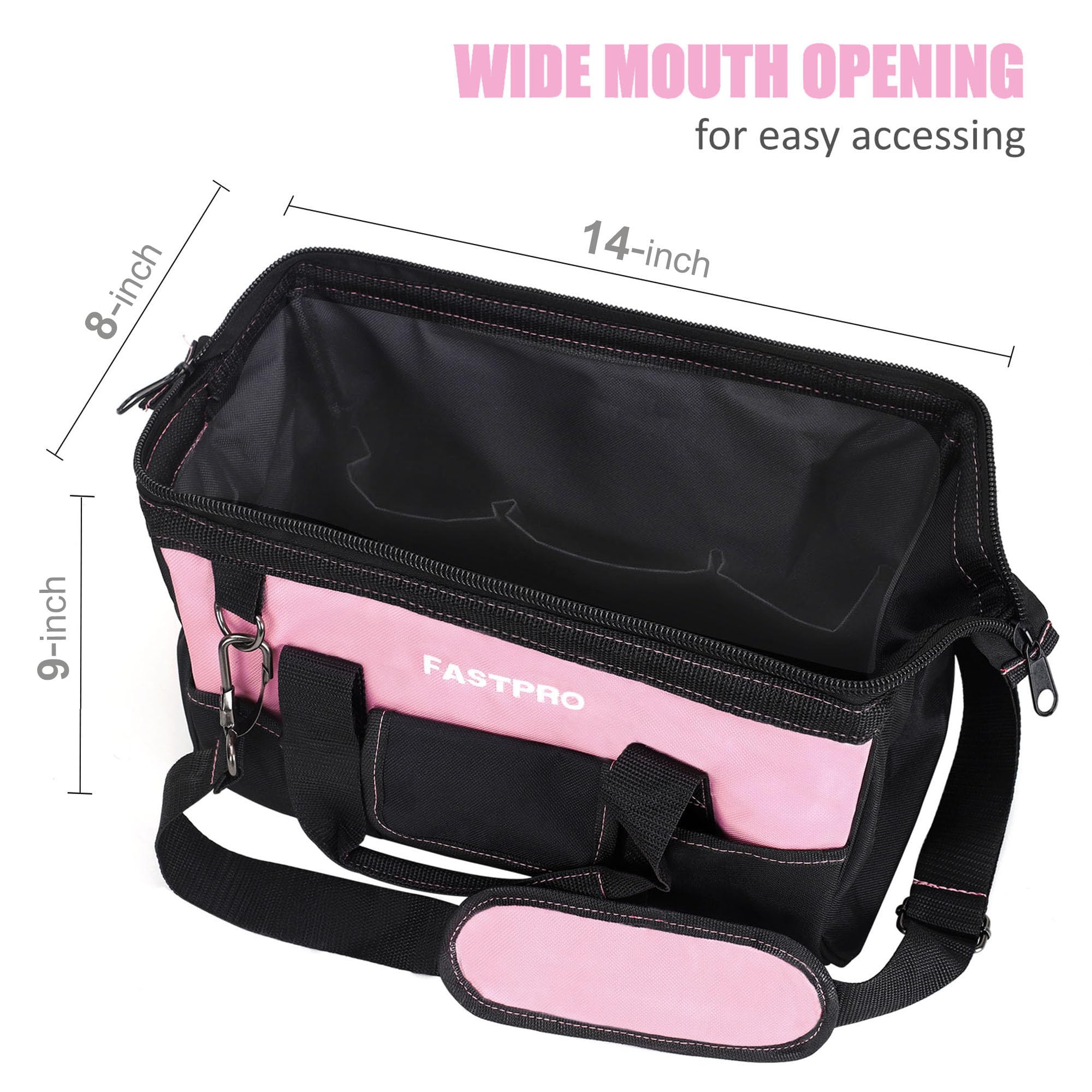 FASTPRO 14-Inch Pink Tool Bag for Women - Durable Zip-Top Wide Mouth Open Tool Organizer with Adjustable Shoulder Strap - Perfect for Electricians, Plumbers & DIY Home Improvement Projects