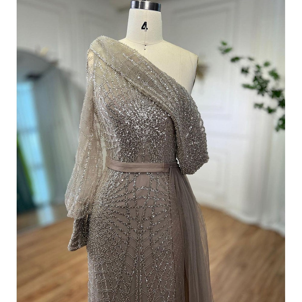 Elegant One Shoulder Beaded Mermaid Evening Gown with Caramel Overskirt - Luxury Wedding & Party Dress for Women 2025 | Perfect for Bridal Showers, Red Carpet Events & Formal Occasions
