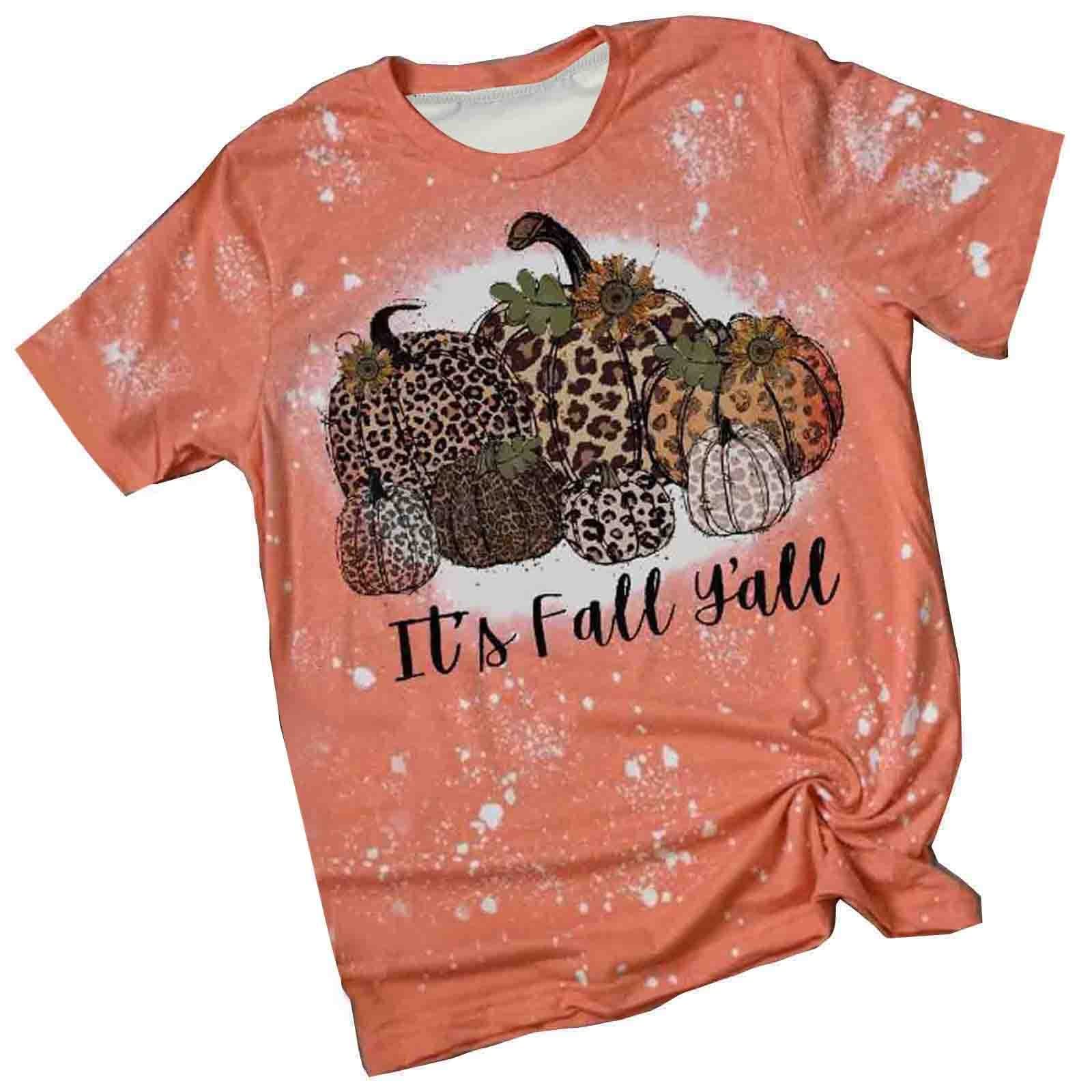 Women's Happy Fall Leopard Pumpkin Graphic T-Shirt - Short Sleeve Halloween Thanksgiving Blouse - Casual Bleached Tee for Autumn Parties, Pumpkin Patch Visits & Seasonal Celebrations