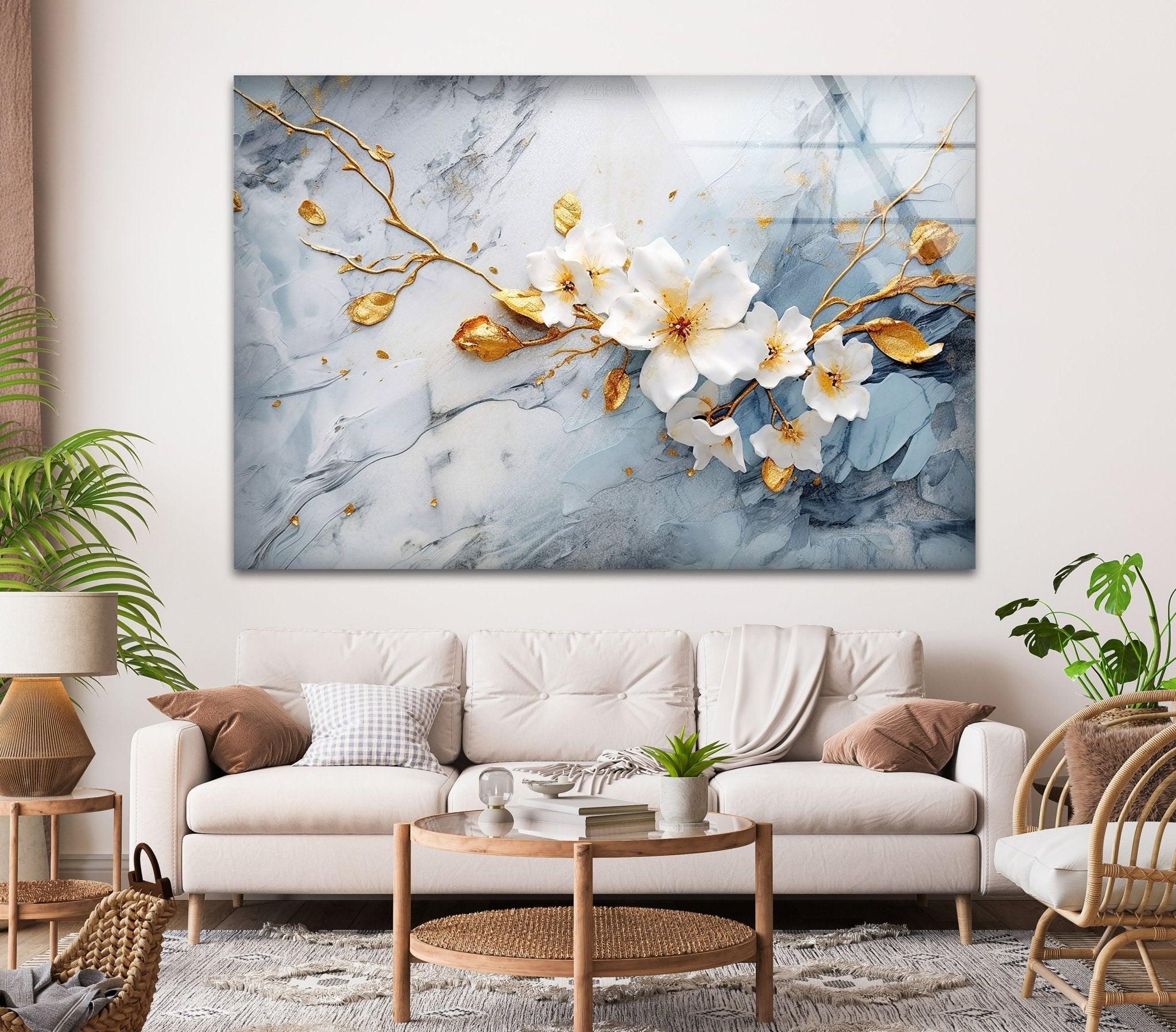Alcohol Ink White Flower Glass Wall Art - Handmade Modern Home Decor for Living Room, Bedroom & Office - Unique Gift Idea
