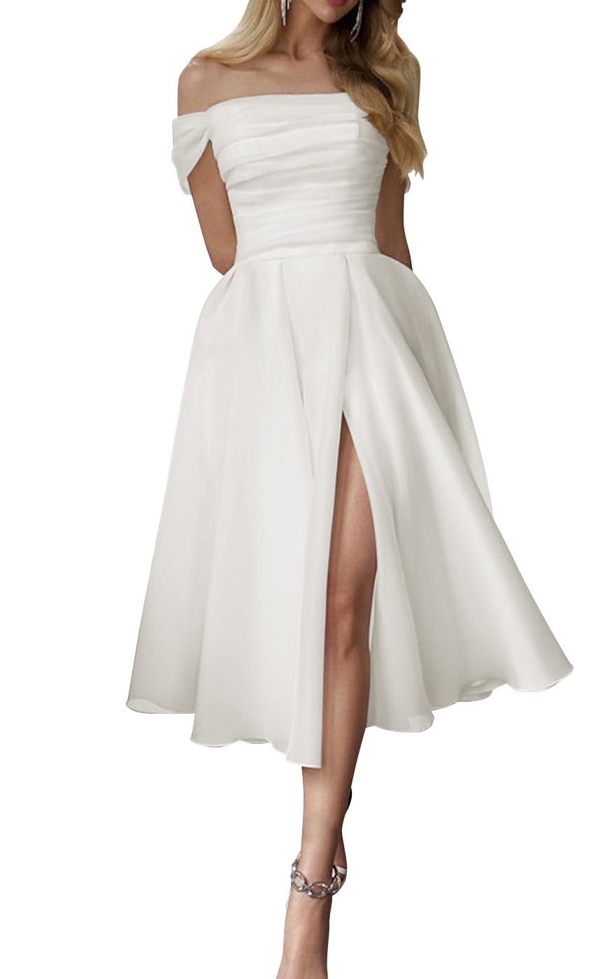 Off Shoulder Short Wedding Dresses for Brides - A-Line Pleated High Slit Tulle Beach Bridal Gown with Corset | Perfect for Beach Weddings, Destination Elopements & Summer Bridal Parties (2025 Collection)