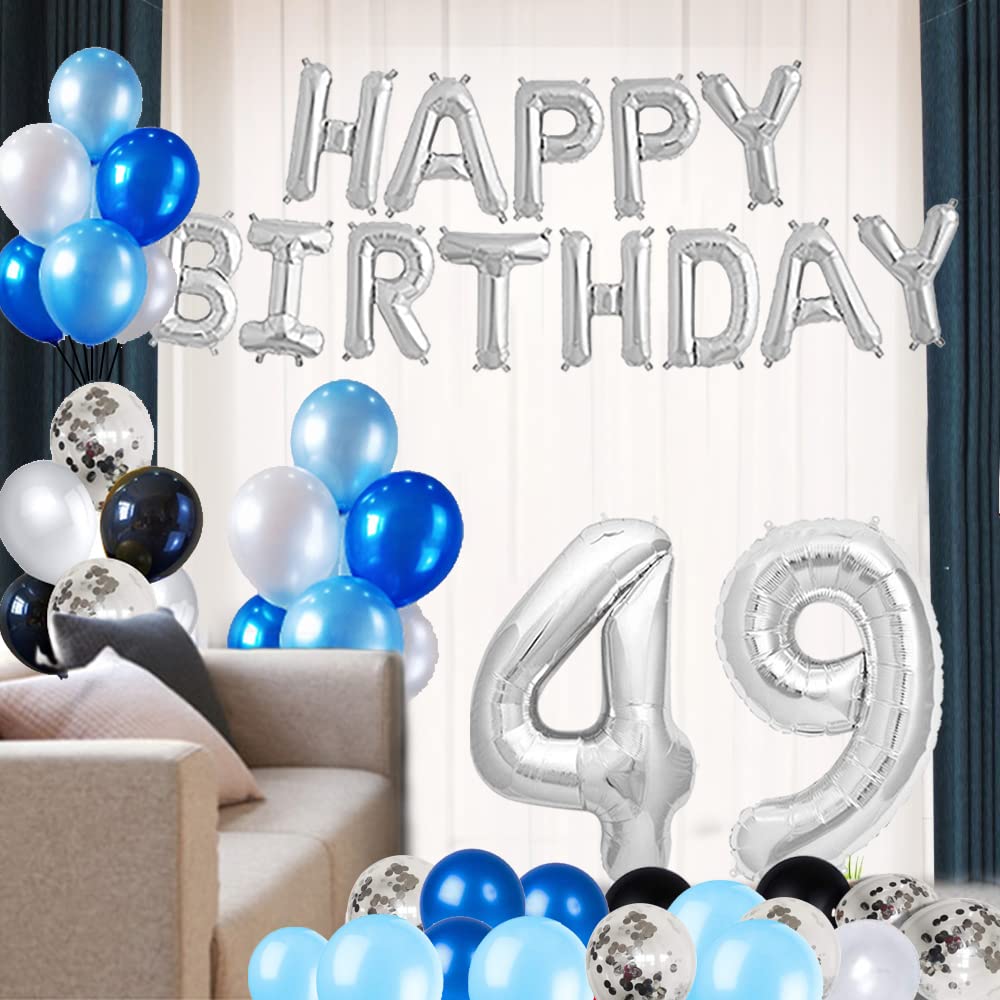 49th Birthday Party Decorations Set - Happy Birthday Foil Banner, Number 49 & Star Balloons, 47pcs Blue & Silver Latex Balloons | Perfect for Milestone Celebrations, Anniversary Parties & Surprise Decorations