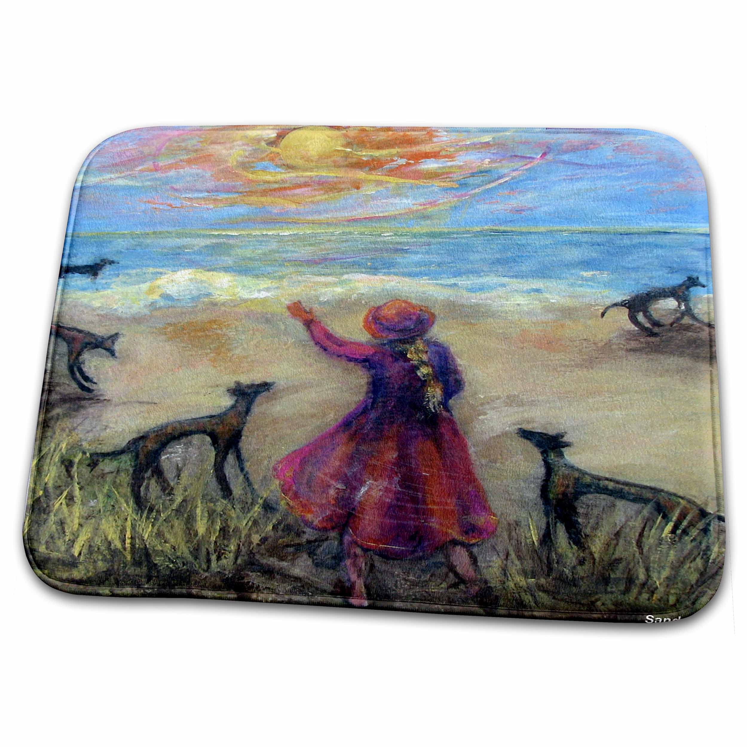 Seaside Girl and Greyhounds Dish Drying Mat - Quaint Pink Girl Playing with Dogs on Beach, Perfect for Kitchen Countertop and Sink Area
