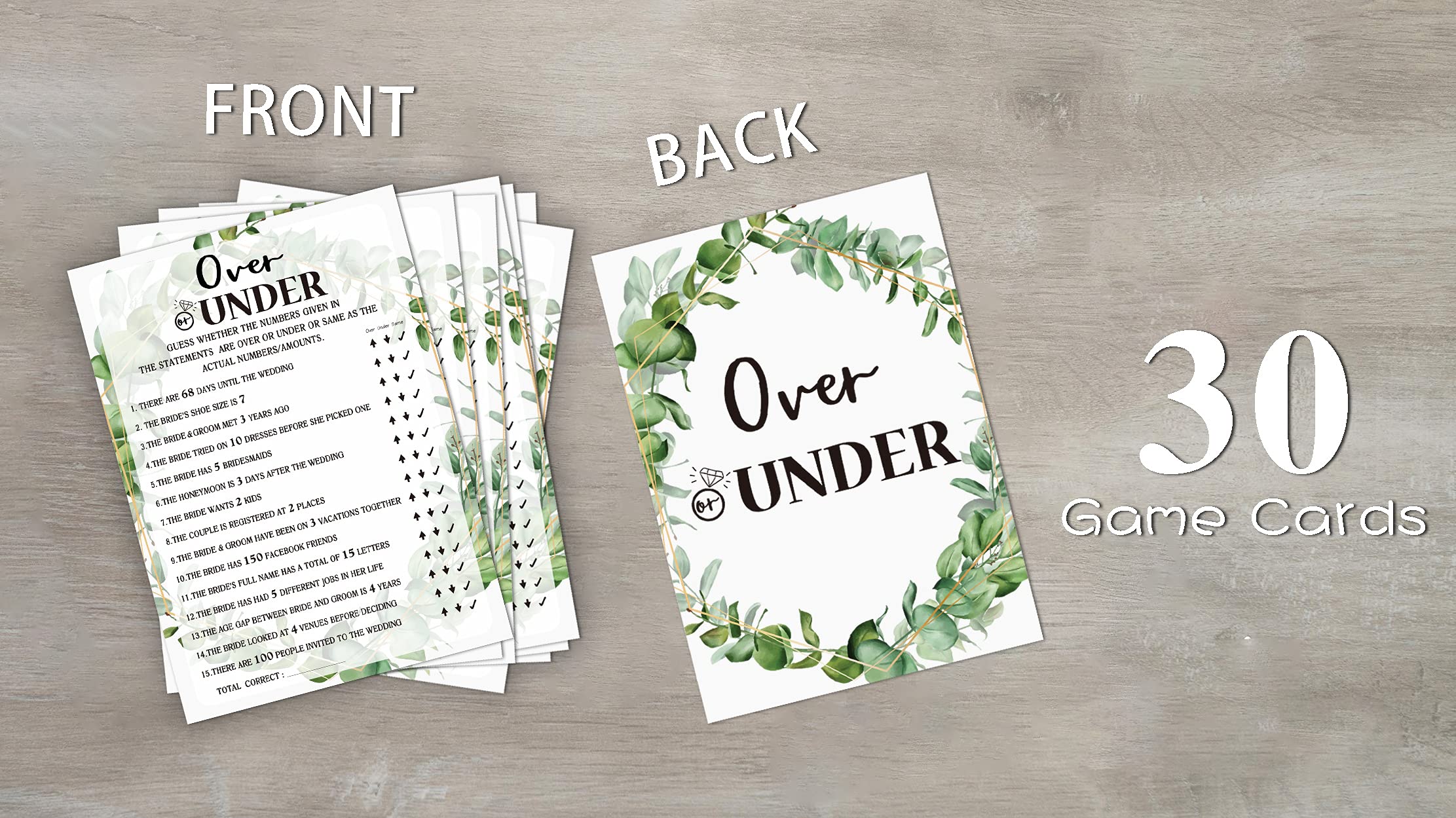 Tropical Jungle Theme Bridal Shower Game Cards - Over or Under Wedding Party Game Set of 30 Cards (Leaf009) - Perfect for Engagement Parties, Bachelorette Events & Wedding Showers