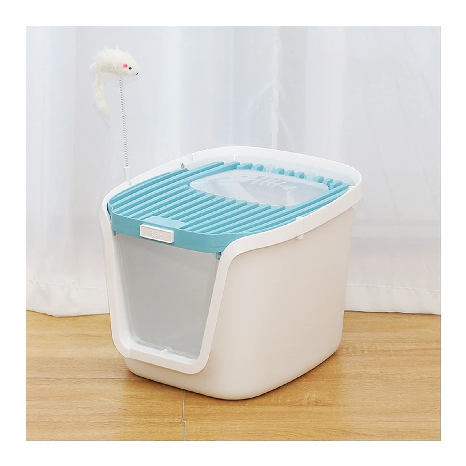 IAOHUO Large Double-Door Cat Litter Box with Scoop & Fun Cat Toys - Easy Setup & Cleaning, Odor Control for Indoor Cats - Blue Pet Litter Box for Home, Apartment, or Office Use