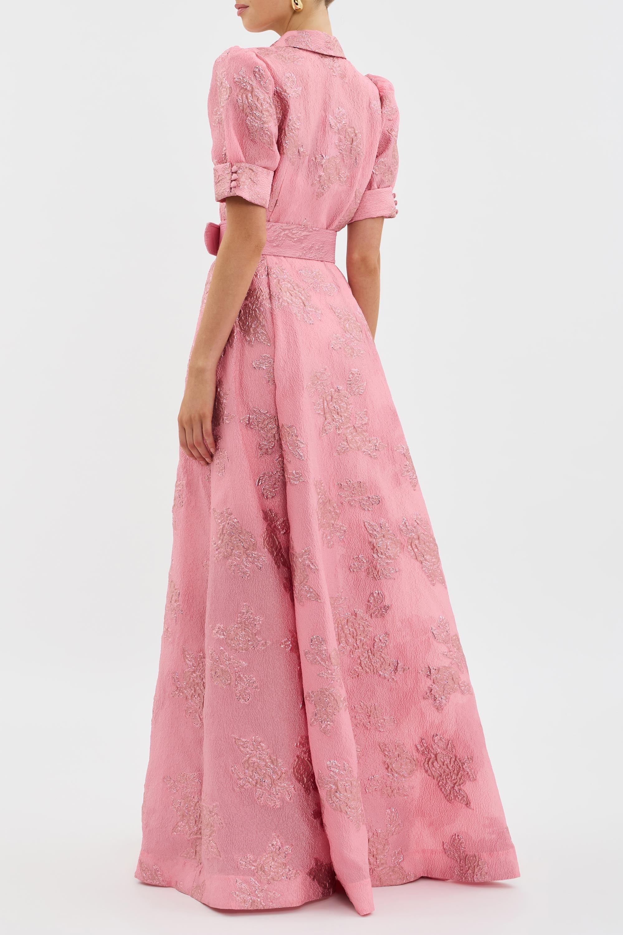 Annette Floral Embellished Button Gown in Pink | Elegant Women's Formal Dress for Weddings, Parties & Special Occasions