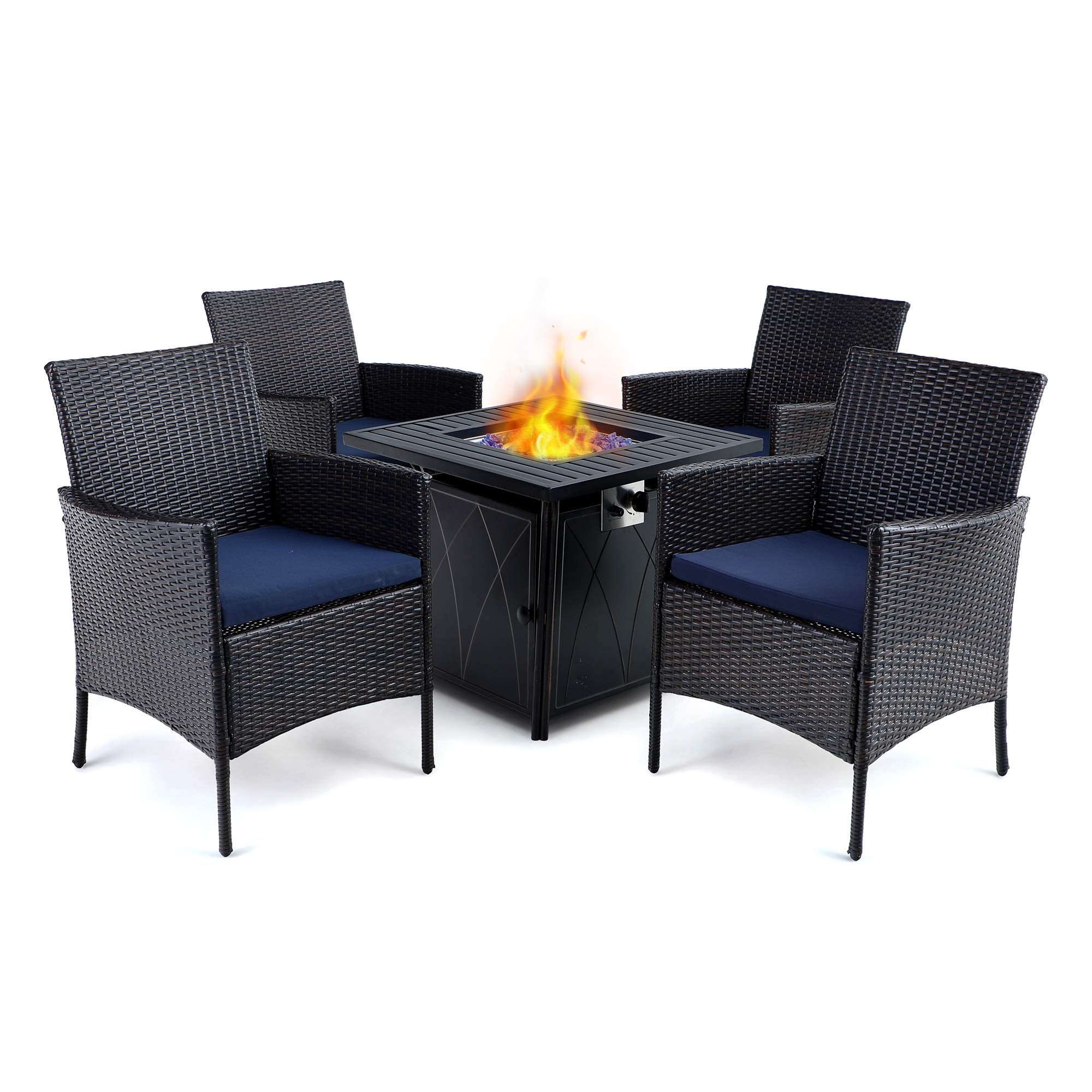 PHI VILLA 28 Inch Propane Fire Pit Table Set with 4 Cushioned Wicker Chairs - 5 Piece Outdoor Gas Fire Pit Dining Set for Patio, Backyard, Garden - Perfect for Entertaining, Relaxing & Outdoor Gatherings