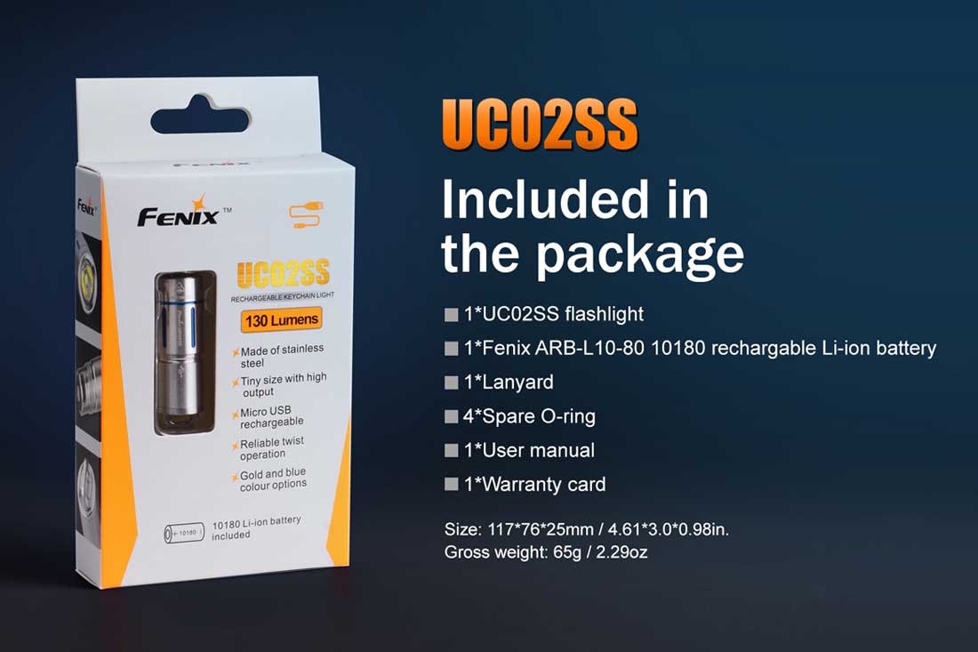 Fenix UC02SS USB Rechargeable Mini Keychain Flashlight - Compact EDC Light for Camping, Hiking & Emergency Use