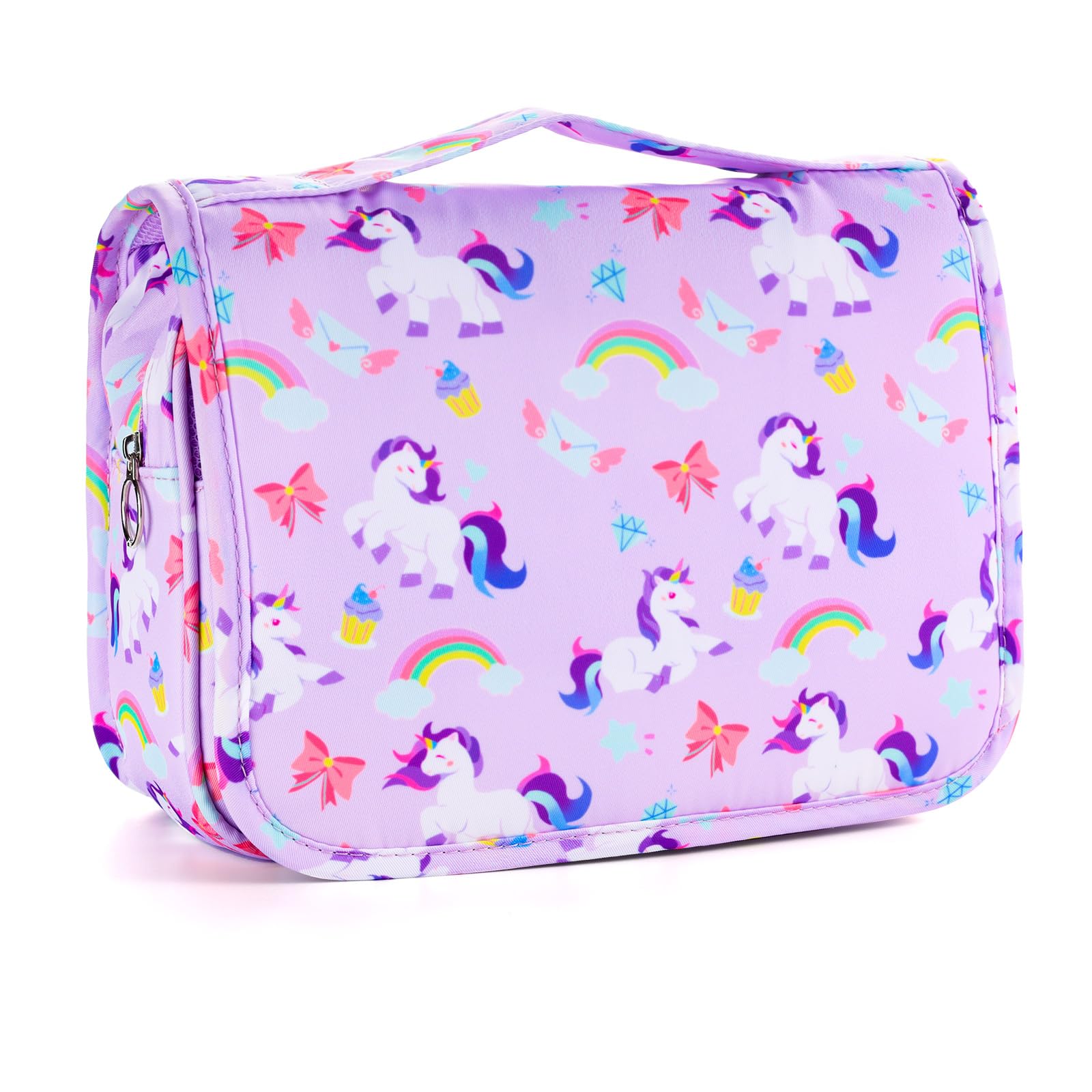 Unicorn Purple Waterproof Kids Hanging Toiletry Bag for Girls - Travel Cosmetic & Makeup Organizer - Perfect for Toddler Travel, Camping & Sleepovers