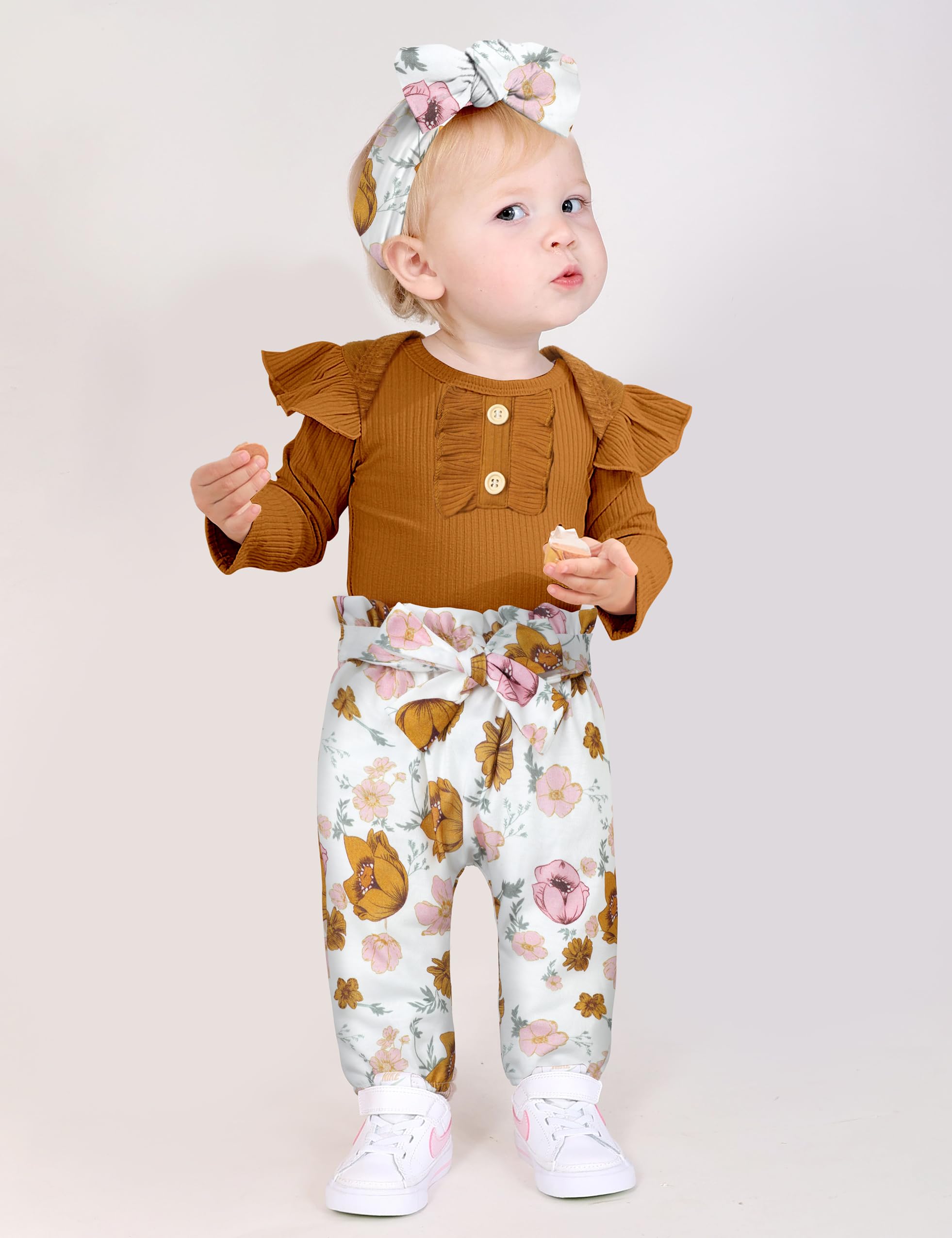 Adorable 3-Piece Newborn Baby Girl Outfit - Ribbed Ruffle Sleeve Romper, Floral Pants & Headband Set | Soft Cotton Infant Clothes for Photo Shoots, Birthday Parties & Special Occasions