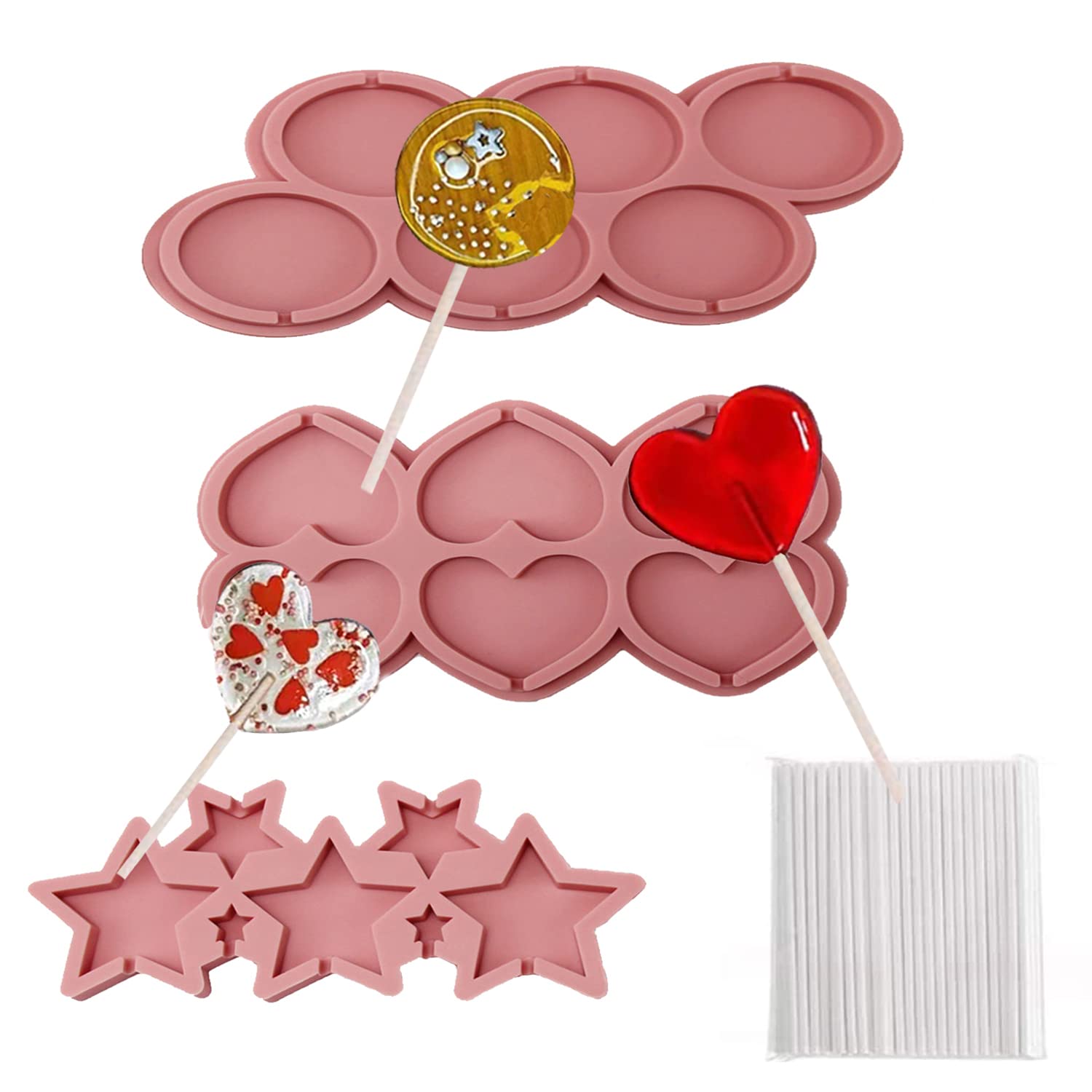 ELANE 3-Piece Silicone Lollipop Molds Set with 100 Lollipop Sticks - Reusable Candy & Chocolate Molds for DIY Homemade Treats - Perfect for Birthday Parties, Baby Showers, and Holiday Gifts