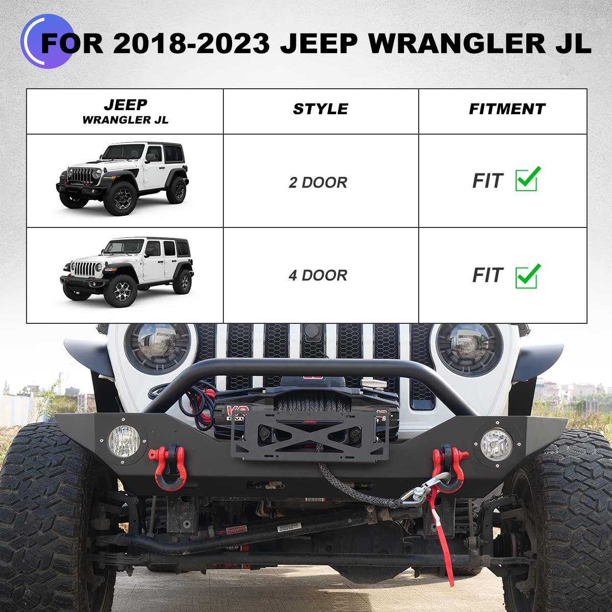 WOLFSTORM Heavy Duty Steel Front Bumper for 2007-2018 Jeep Wrangler JK/JKU & 2018-2025 JL/JLU & 2019-2025 Gladiator JT - Full Width Off-Road Bumper with 2x D-Ring Shackles - Perfect for Trail Riding, Rock Crawling & Overland Adventures