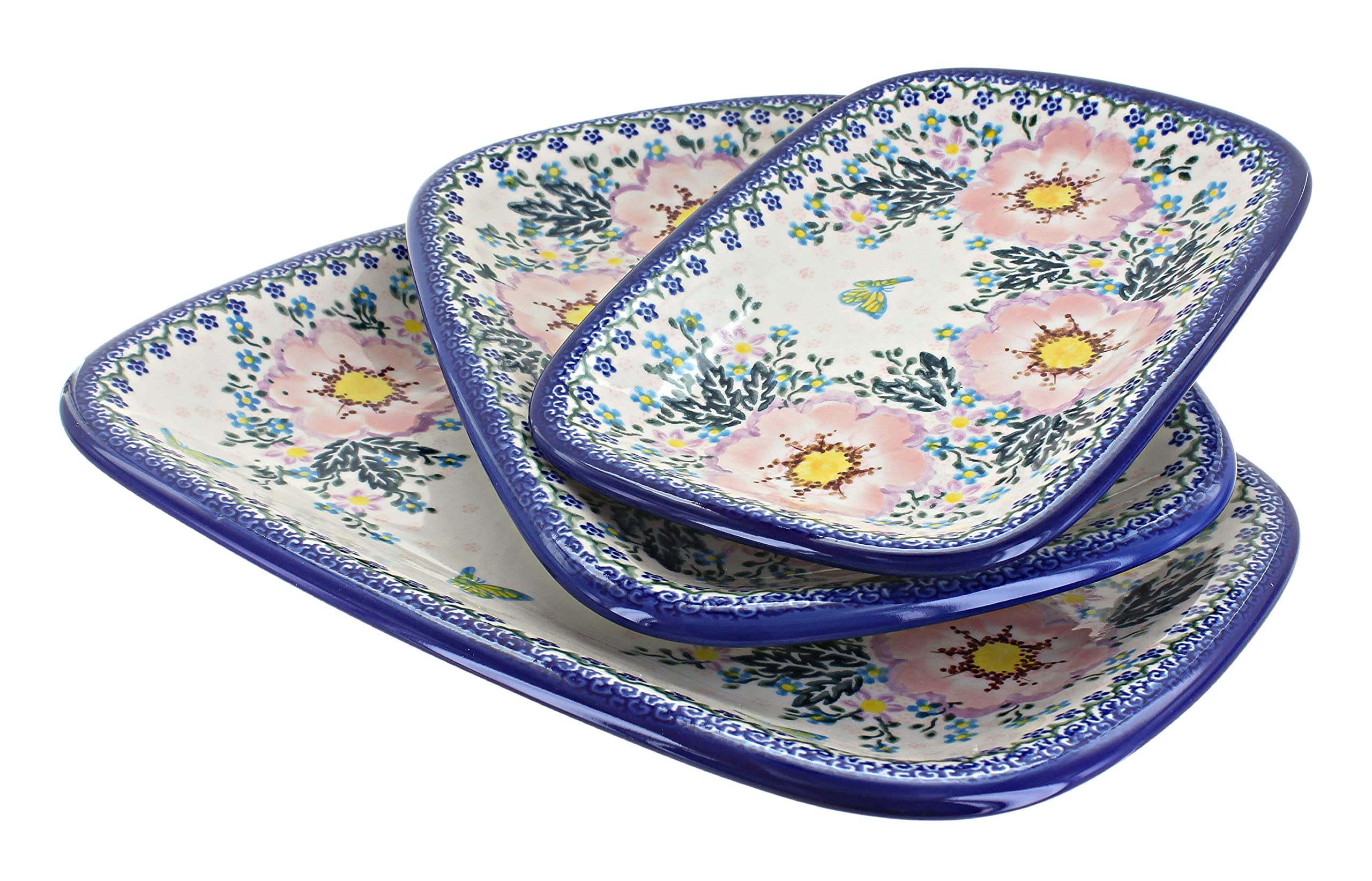 Blue Rose Polish Pottery Apple Blossom 3-Piece Rectangular Serving Set - Elegant Tableware for Dinner Parties, Tea Time & Home Decor