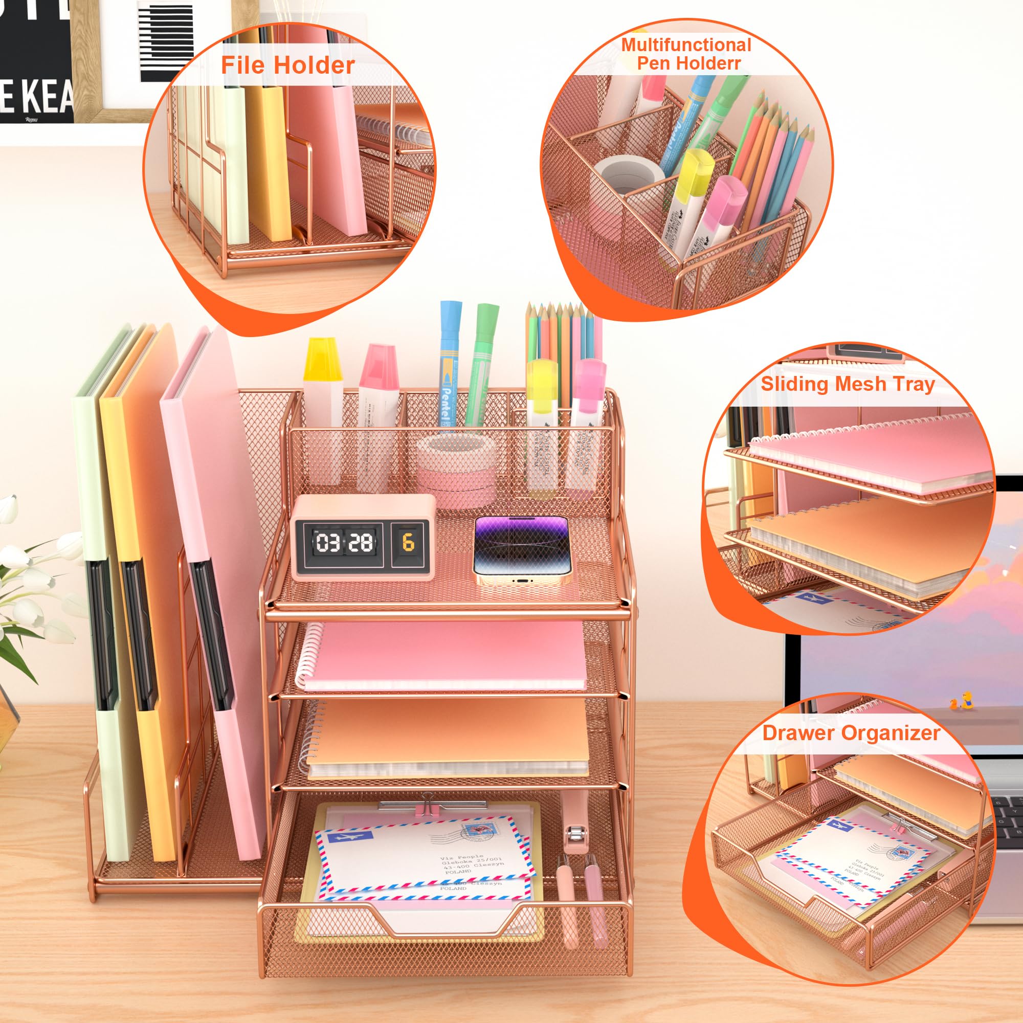 VIVSOL Rose Gold Desk Organizer with Drawer & Vertical File Sorters - Stylish Office Desk Accessories for Women - Perfect for Office, School & Home Organization - Enhance Workspace Efficiency & Declutter Your Desk