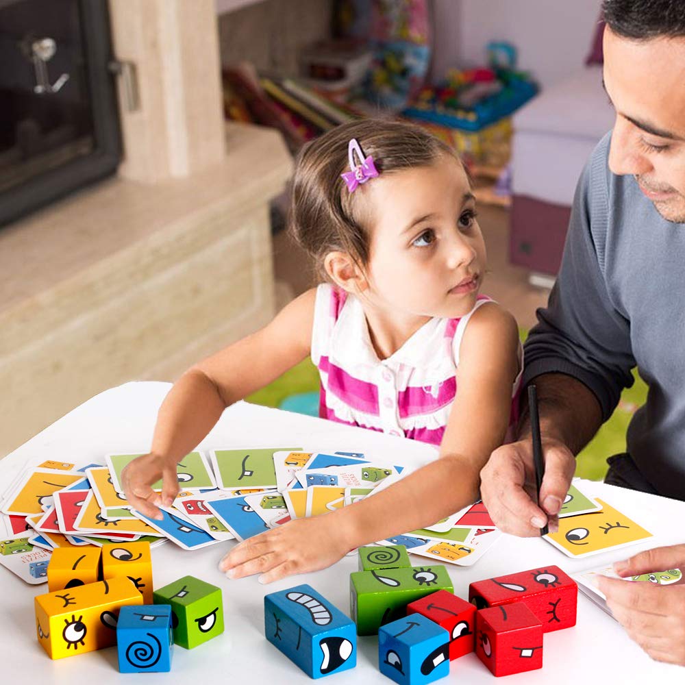 Wooden Matching Block Puzzles - Montessori Educational Building Cubes Toy for Kids Ages 3+ | STEM Learning Board Games for Preschool & Kindergarten Classroom