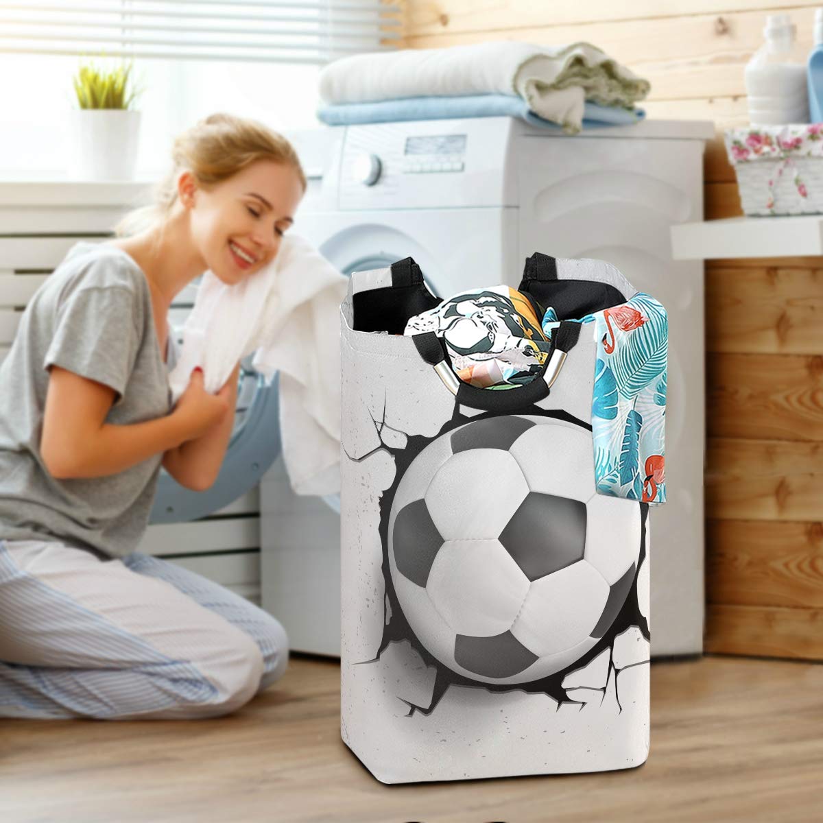 3D Soccer Ball Collapsible Laundry Basket - Large Foldable Cloth Hamper with Handle for Clothes Storage & Organization | Perfect for Bedroom, Dorm, Laundry Room & Travel Use