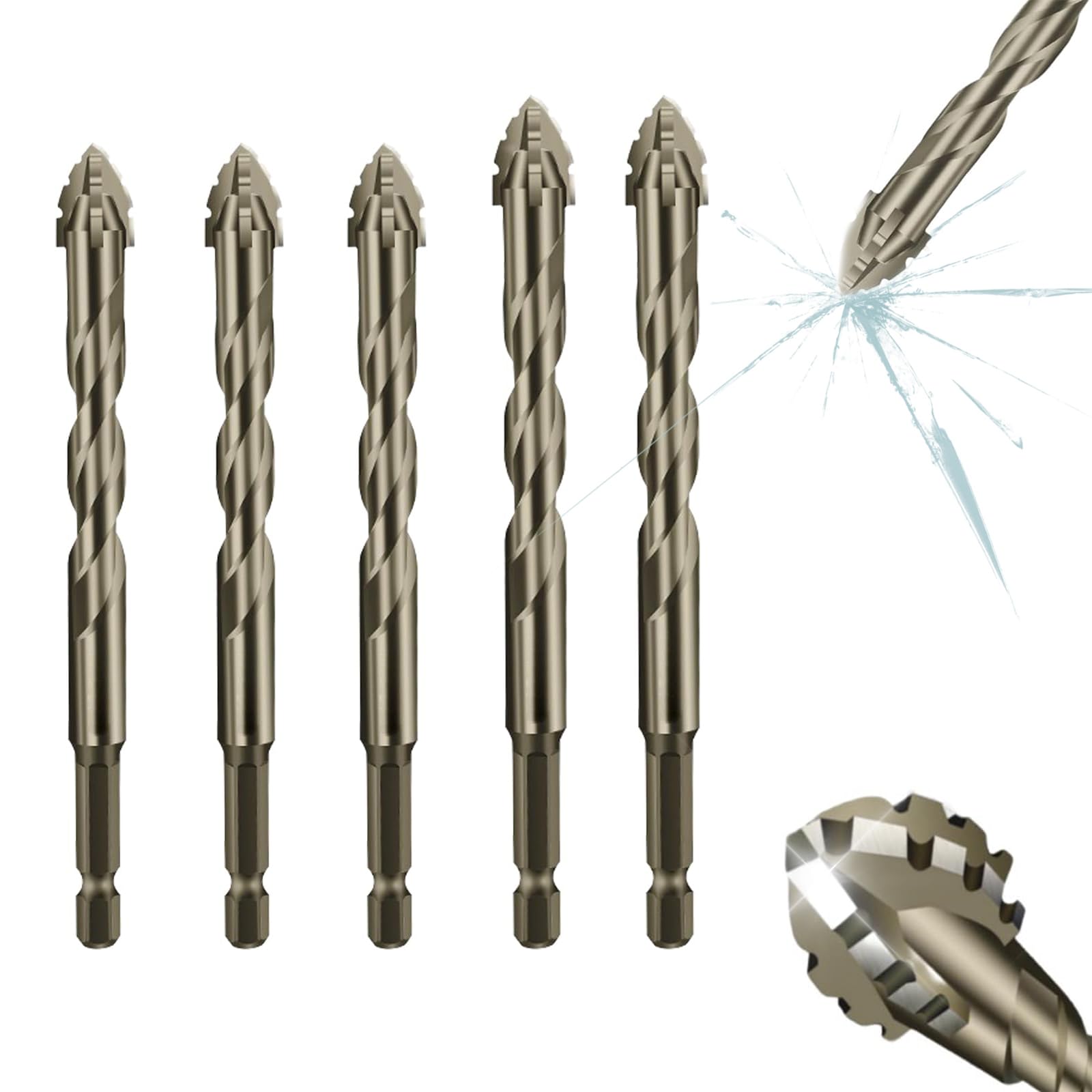 Titanium-Coated 4-Flute Sawtooth Eccentric Drill Bit Set (6/6/6/8/8mm) - High Speed Steel Wood & Metal Drill Bits for DIY, Carpentry, and Metalworking Projects - Efficient Drill and Tap Kit for Professional & Home Use