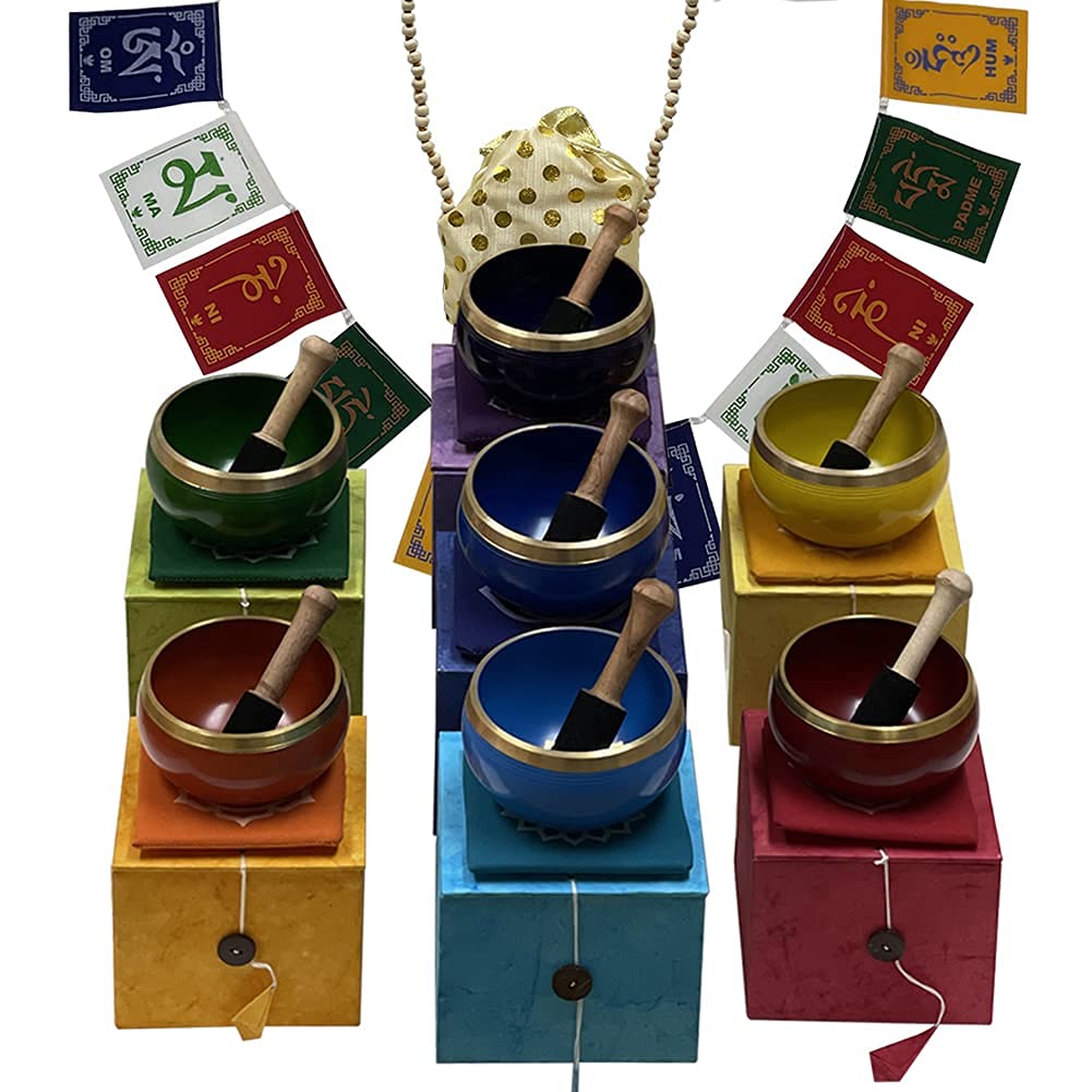 Authentic Tibetan Chakra Singing Bowls Set with Cushion, Mallet, Tulsi Mala Beads & Prayer Flag - Large Size for Meditation, Yoga & Mindfulness Practice