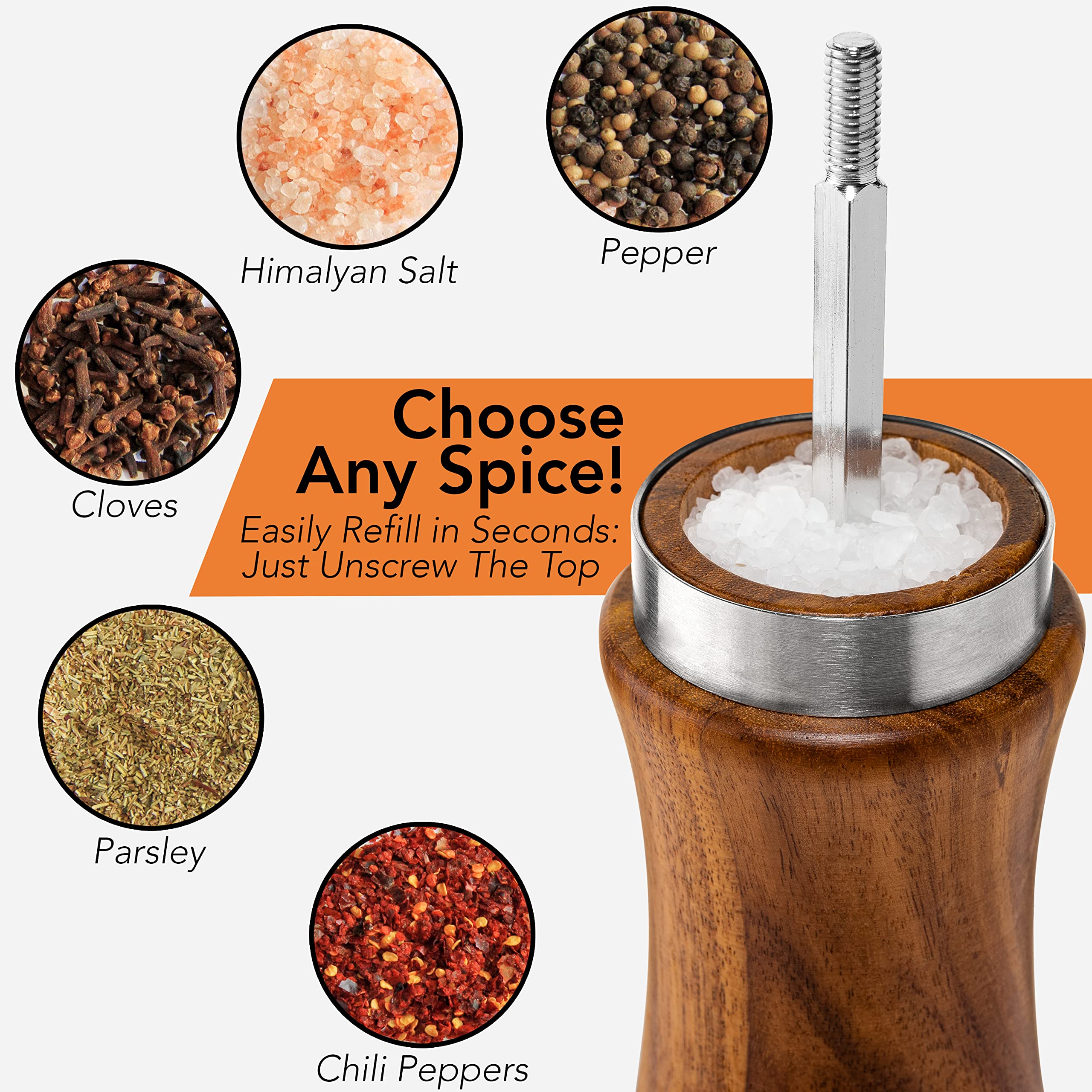 Premium Acacia Wood Salt and Pepper Grinder Set - Refillable Adjustable Coarseness, Ceramic & Stainless Steel Core, 8 Inch Kitchen Essentials for Gourmet Cooking, Dining Table & Gift Giving
