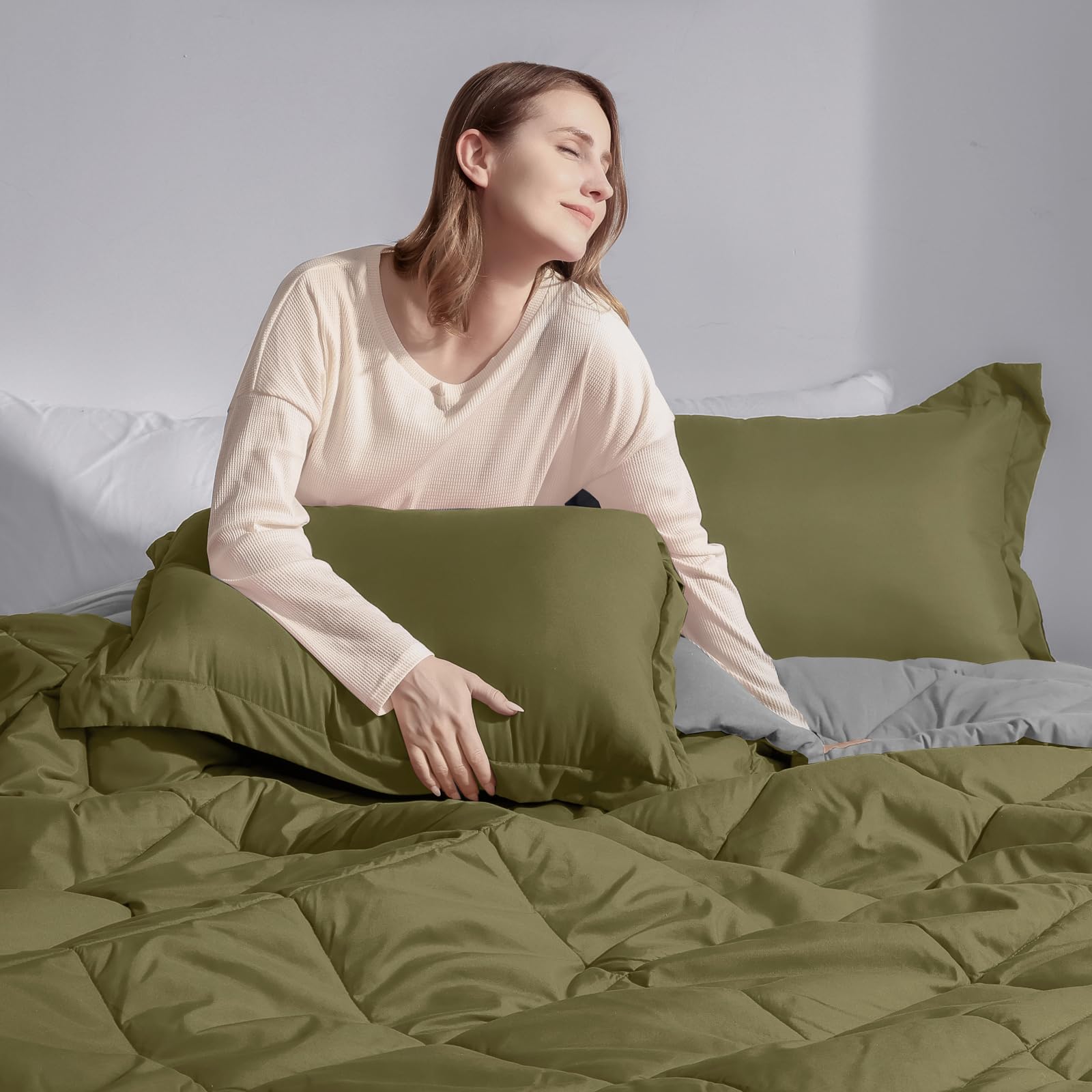 Reversible Queen Comforter Set - Olive Green & Charcoal Gray All-Season Bedding, 88