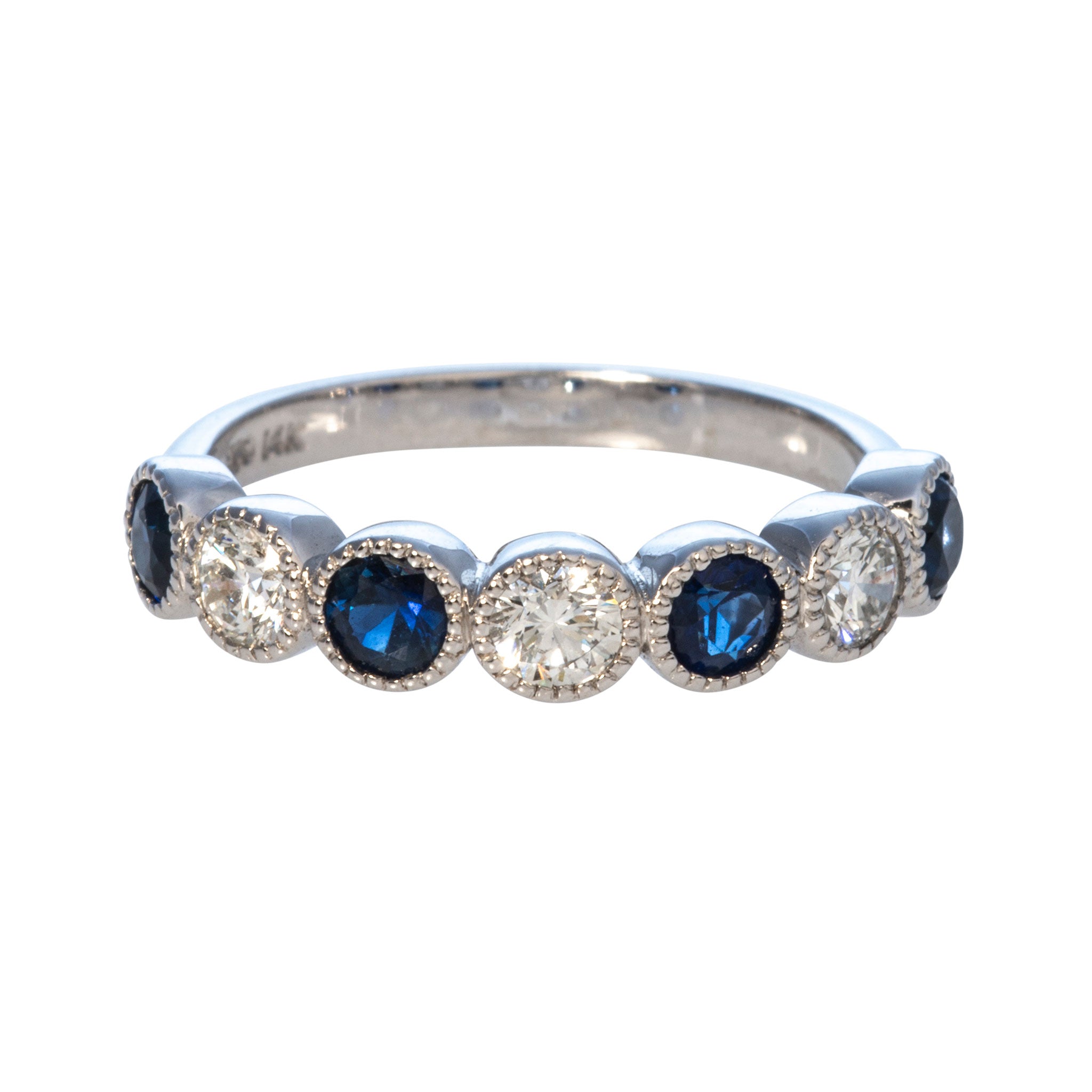 14K White Gold Sapphire & Diamond Milgrain Bezel Halfway Band Ring - Perfect for Weddings, Anniversaries & Special Occasions