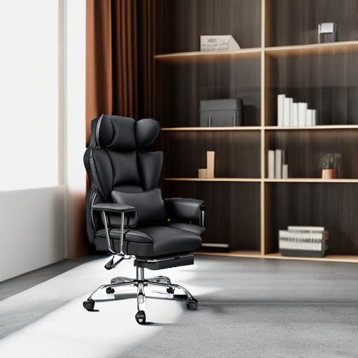 Big and Tall Executive Office Chair with Footrest - Ergonomic Leather Computer Chair, High Back Reclining with Lumbar Support - Large Home Office Desk Chair for Comfortable Working (Black) - Perfect for Home Office, Gaming, and Long Work Sessions