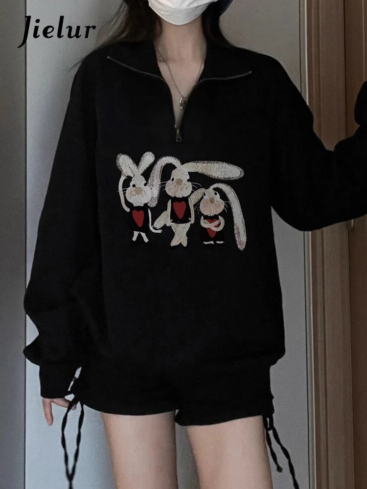 Stylish Black Zip-Up Hoodie for Women - Casual Polo Neck Pullover, Loose Fit Office Wear, Trendy Spell Color Sweatshirt | Perfect for Work, Weekend Outings & Layering