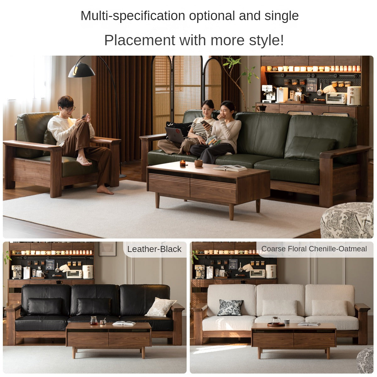 Black Walnut Solid Wood Modern Straight Sofa - Contemporary Minimalist Living Room Furniture for Small Spaces & Apartments