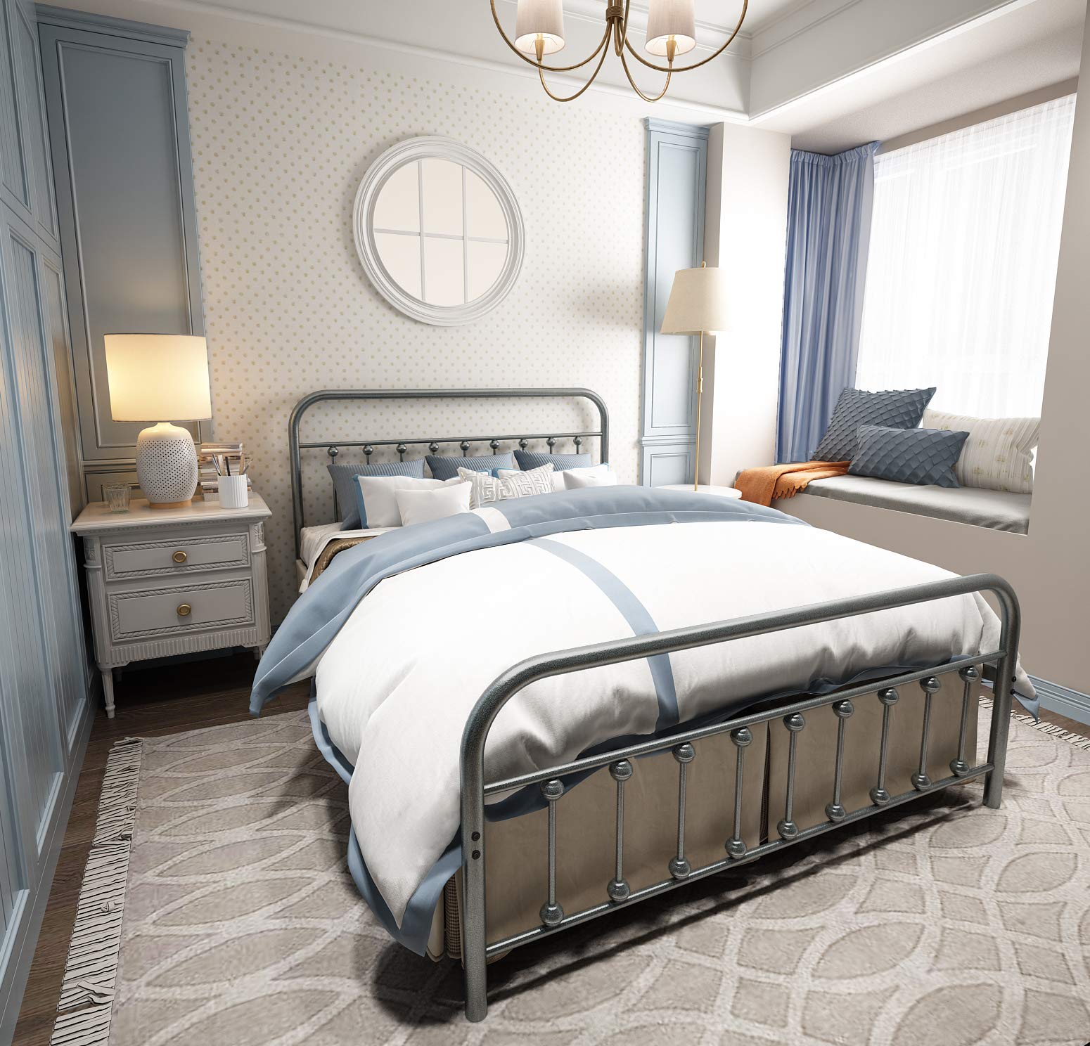 Queen Size Metal Bed Frame with Headboard & Footboard - Sturdy Iron-Art Platform Mattress Base in Gray Silver | Perfect for Modern Bedrooms, Guest Rooms & Dormitories