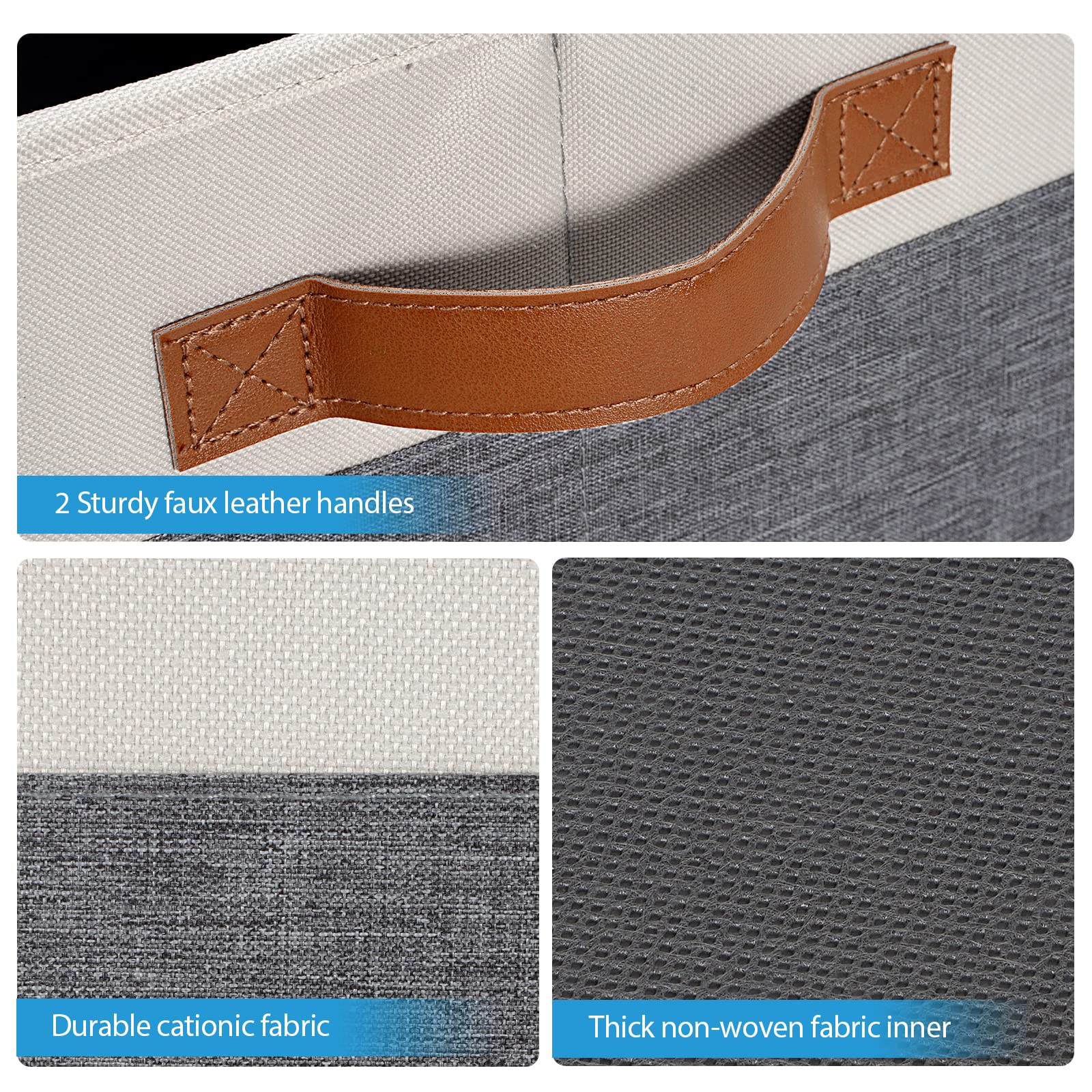 Large Foldable Fabric Storage Bins with PU Handles - 26L Closet Organizer Baskets for Shelves (3-Pack, Grey & White) - Perfect for Home, Bedroom, Office & Kids' Toy Storage
