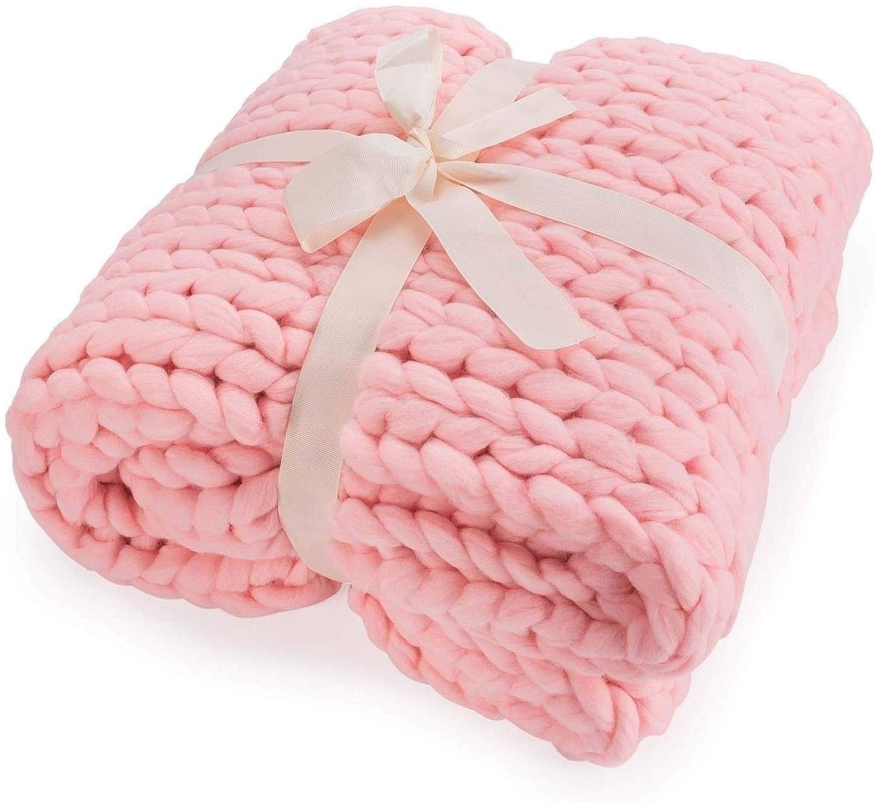 Chunky Knit Throw Blanket - 200x200cm Soft Vegan Yarn Blanket for Bed, Sofa & Home Decor - Cozy Accent Blanket for Cuddling, Gifts (Pink) | Perfect for Winter Nights, Movie Time & Cozy Home Ambience