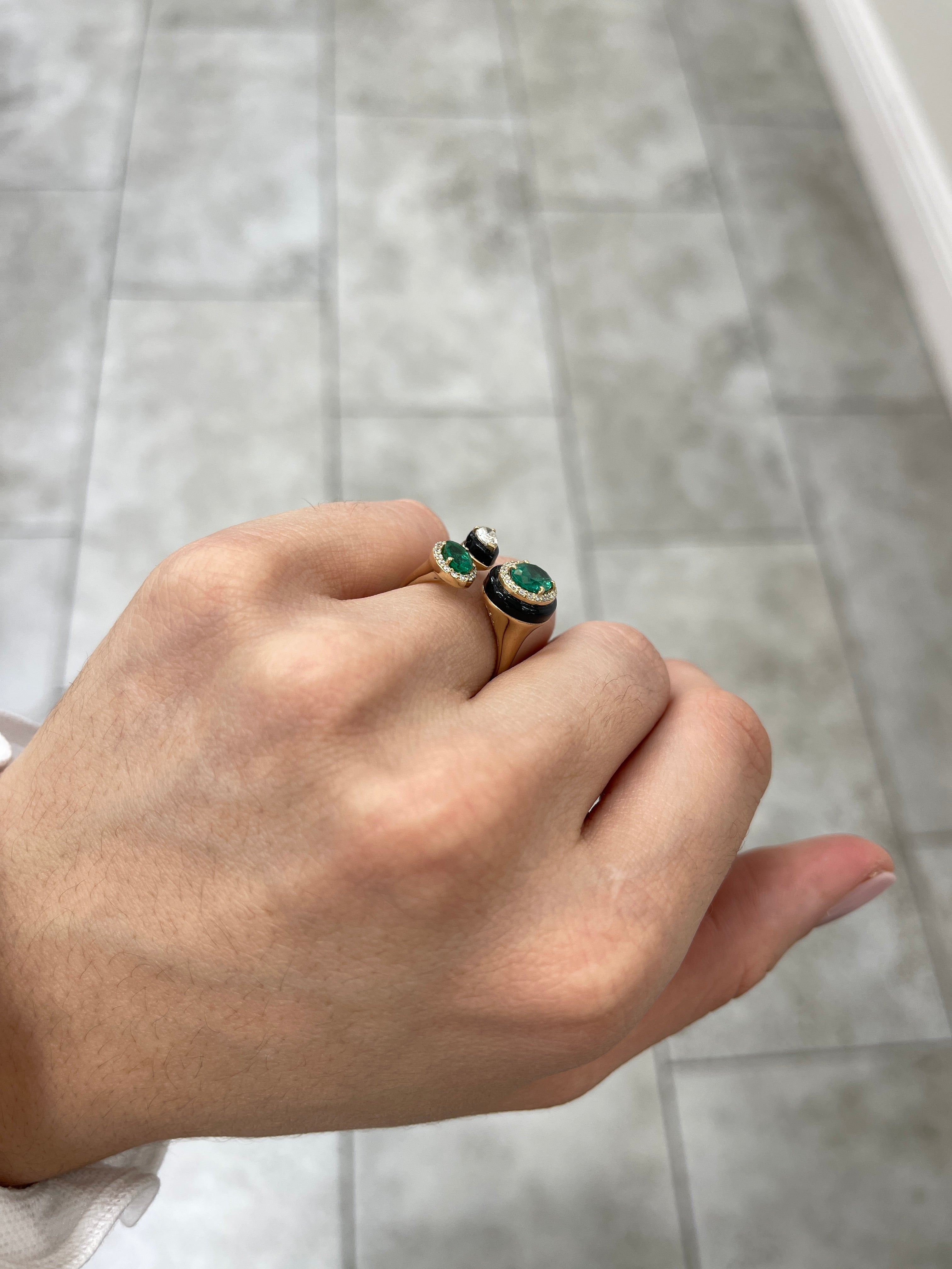 3.87tcw Oval Emerald Diamond Black Onyx Cluster Statement Ring in 14K Gold - Elegant Jewelry for Weddings, Parties & Special Occasions