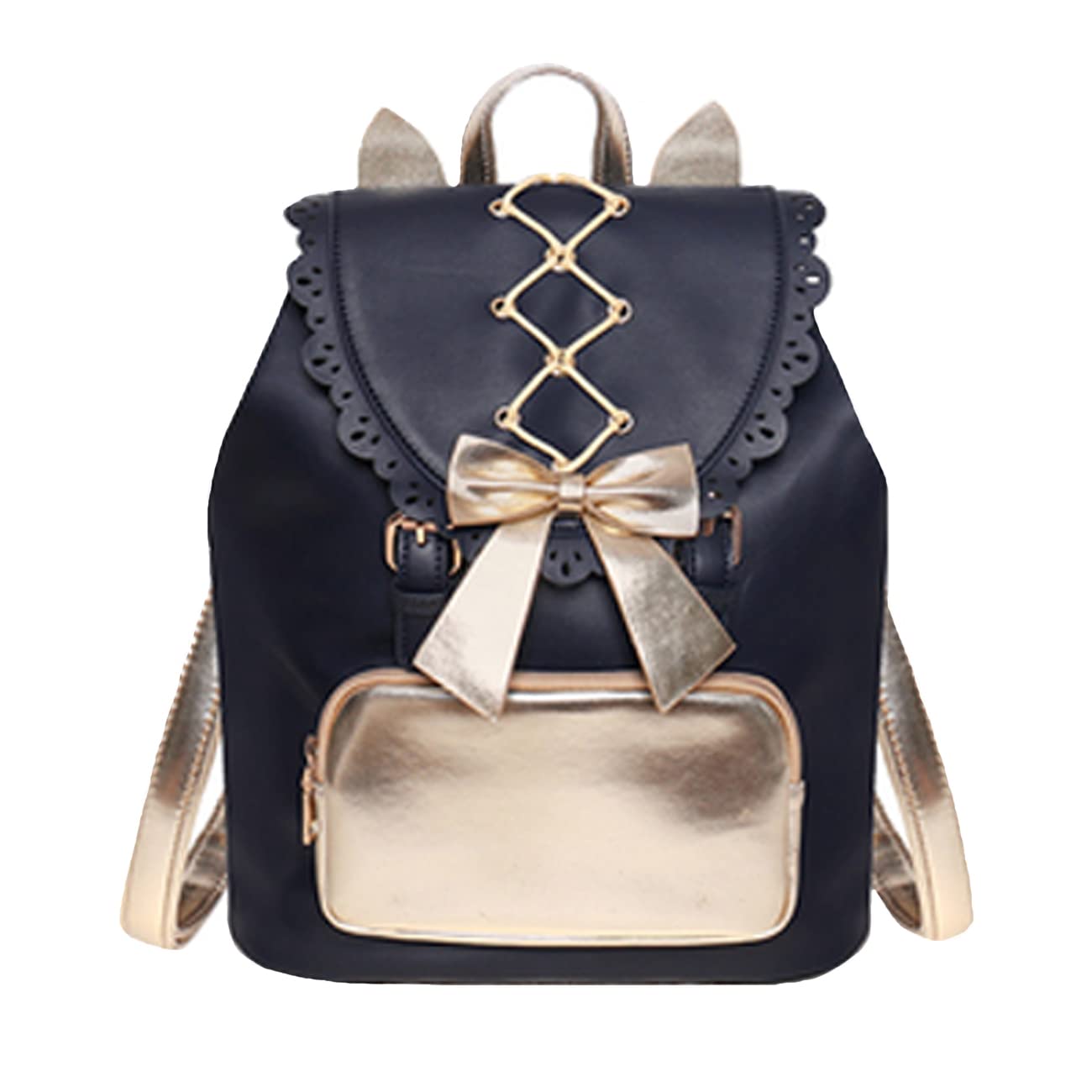 Cute Cat Ear Backpack for Teens - Kawaii Japanese Lolita PU Leather School Bookbag, Large Capacity Travel Daypack for Women (Black & Gold) | Perfect for School, College, Travel & Anime Cosplay