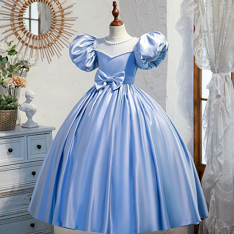 Royal Blue Satin Princess Jewel Neck Floor-Length Flower Girl Dress - Perfect for Weddings, Pageants & Special Occasions
