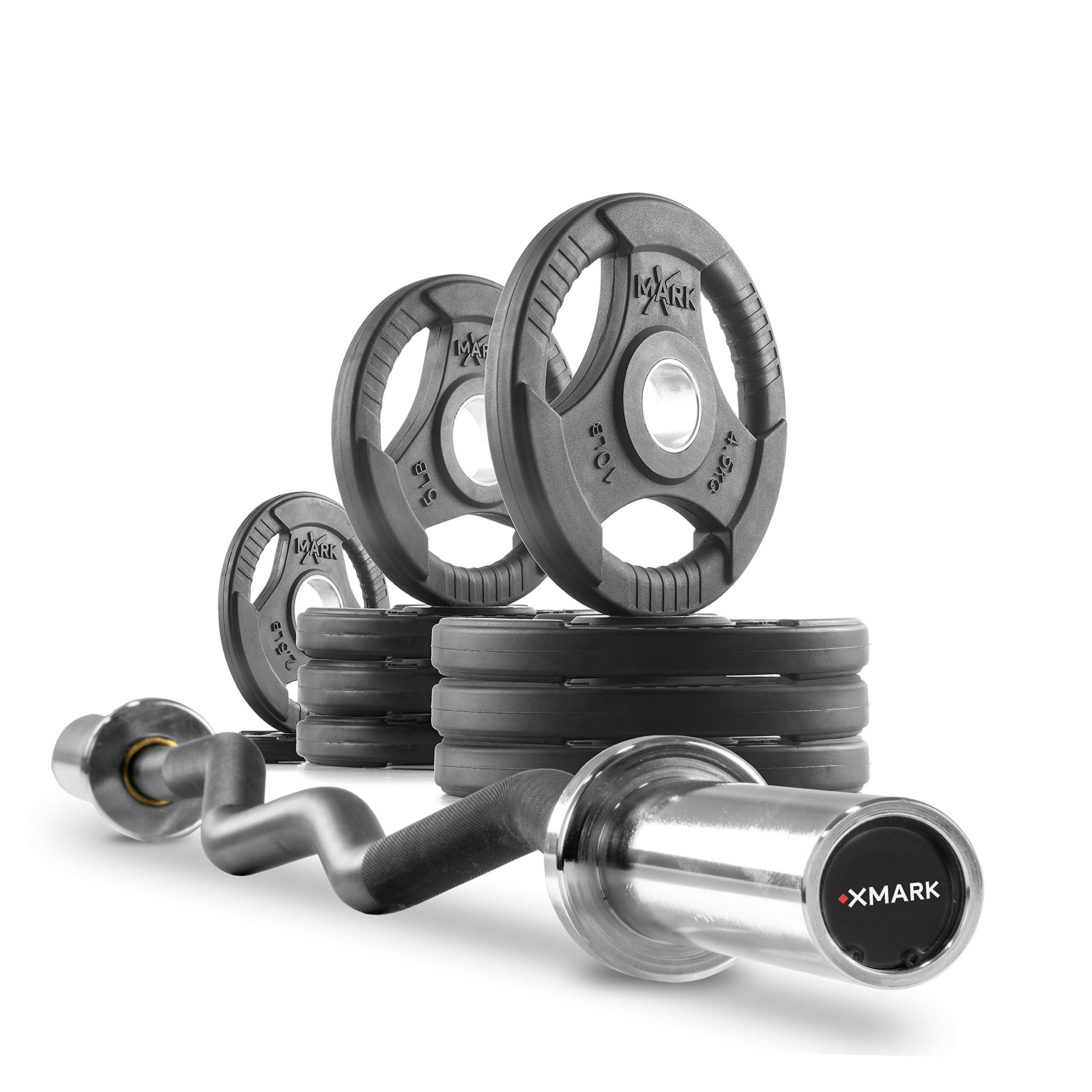 XMark Olympic Weight Set with EZ Curl Bar - 300LB Olympic Barbell Set with TRI-Grip Weight Plates & 3675 Easy Curl Bar - 2 Inch Biceps & Triceps Workout Equipment for Home Gym Strength Training