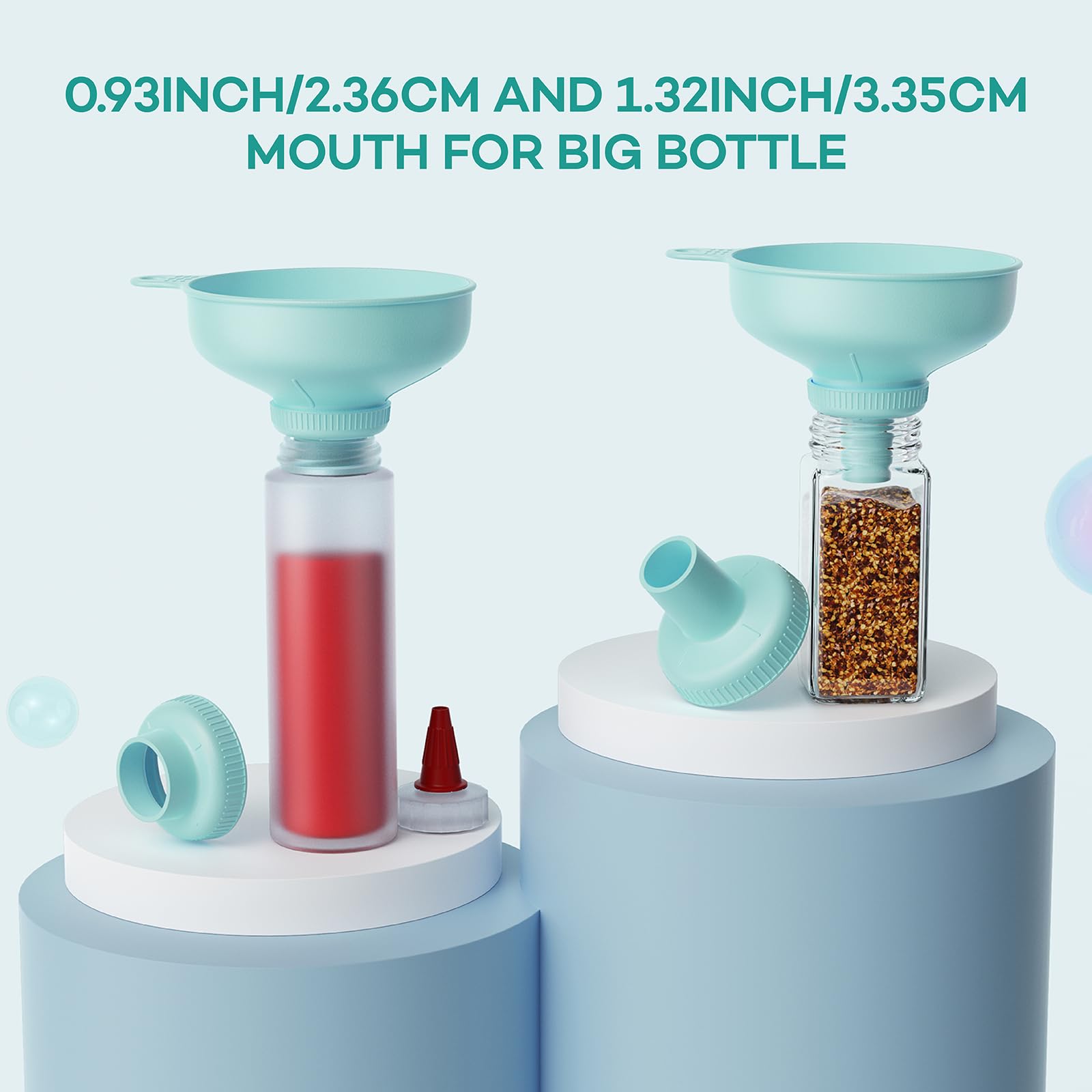 Wide Mouth Kitchen Funnel Set - 4 Size Food Grade Plastic Canning Funnels with 2 Strainers for Bottles, Jars & Bags (Teal) - Perfect for Home Canning, Cooking Oil Transfer & DIY Projects