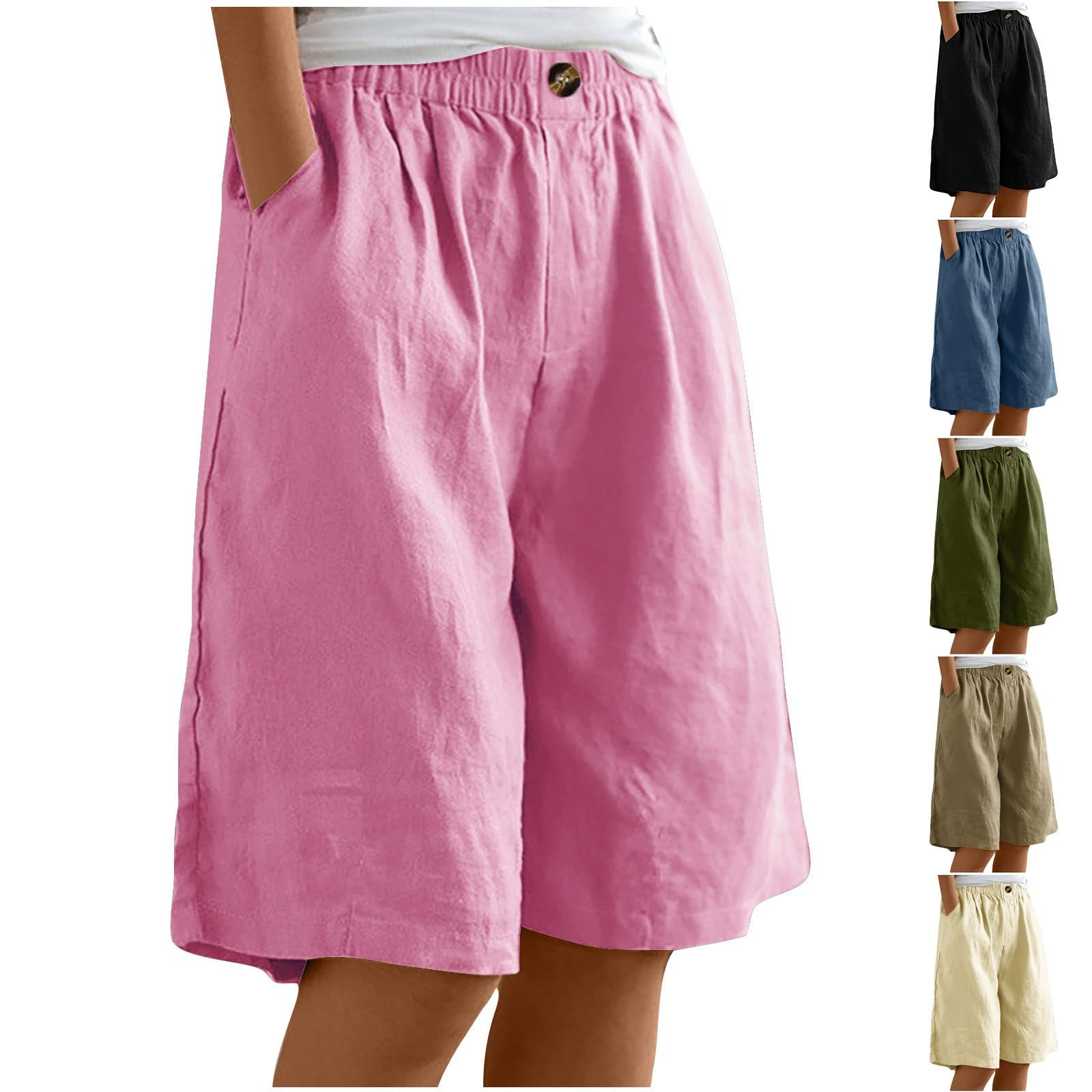 Women's Linen Bermuda Shorts - Knee-Length Cotton Summer Pants for Casual Outings