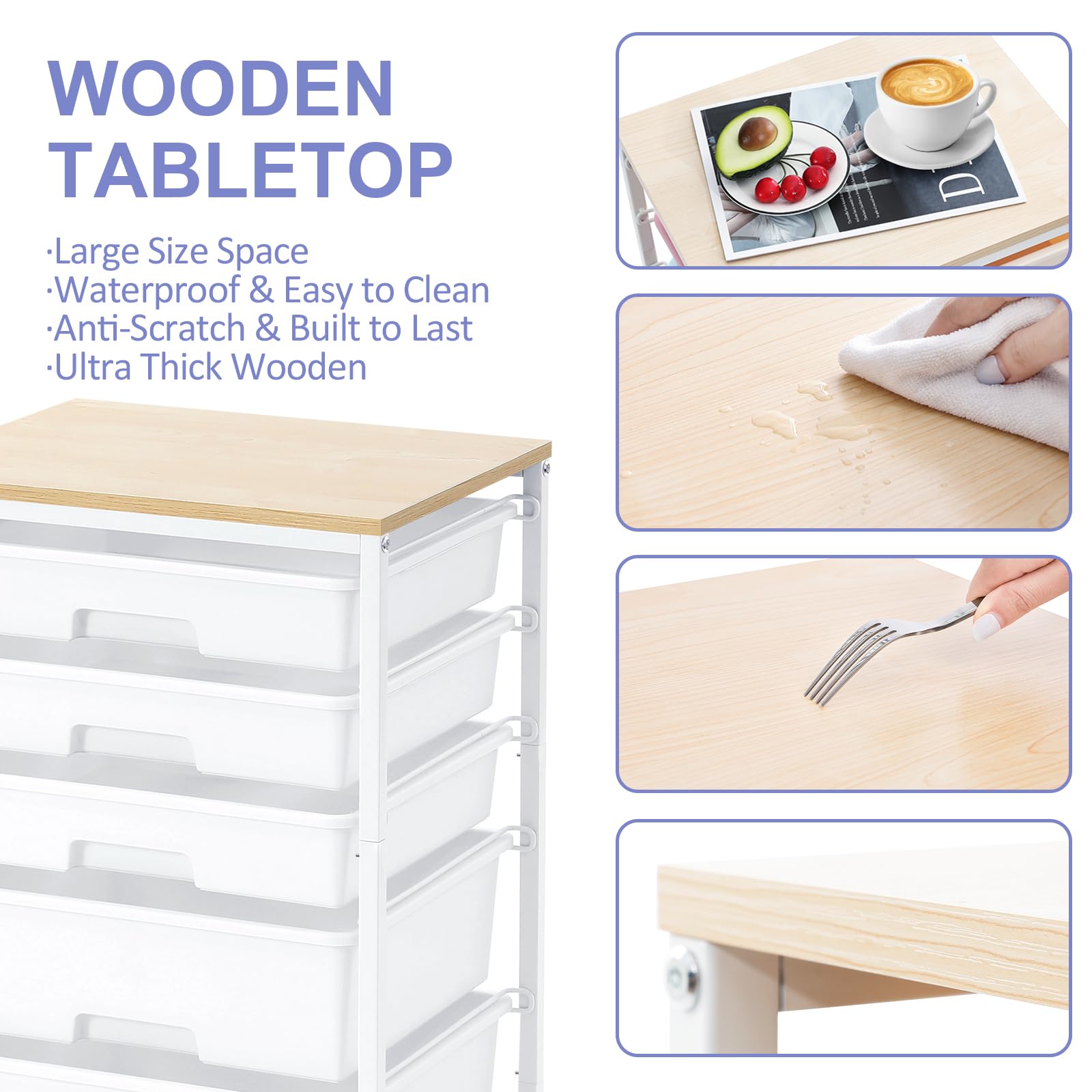 5-Tier Rolling Utility Cart with 5 Drawers & Lockable Wheels - Wooden Tabletop Storage Trolley for Crafts, Office, or Kitchen Organization - Bright White Mobile Workstation for Home, Workshop & DIY Projects