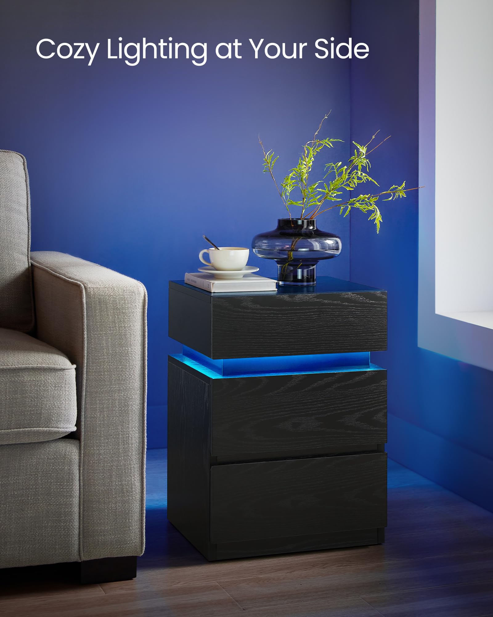VASAGLE Modern Nightstand Set of 2 with LED Lights - Adjustable Color, 3-Drawer Bedside Table, 13.8 x 15.7 x 21.7 Inches, Ebony Black - Perfect for Bedroom, Living Room, or Office Side Table (ULET799T58)